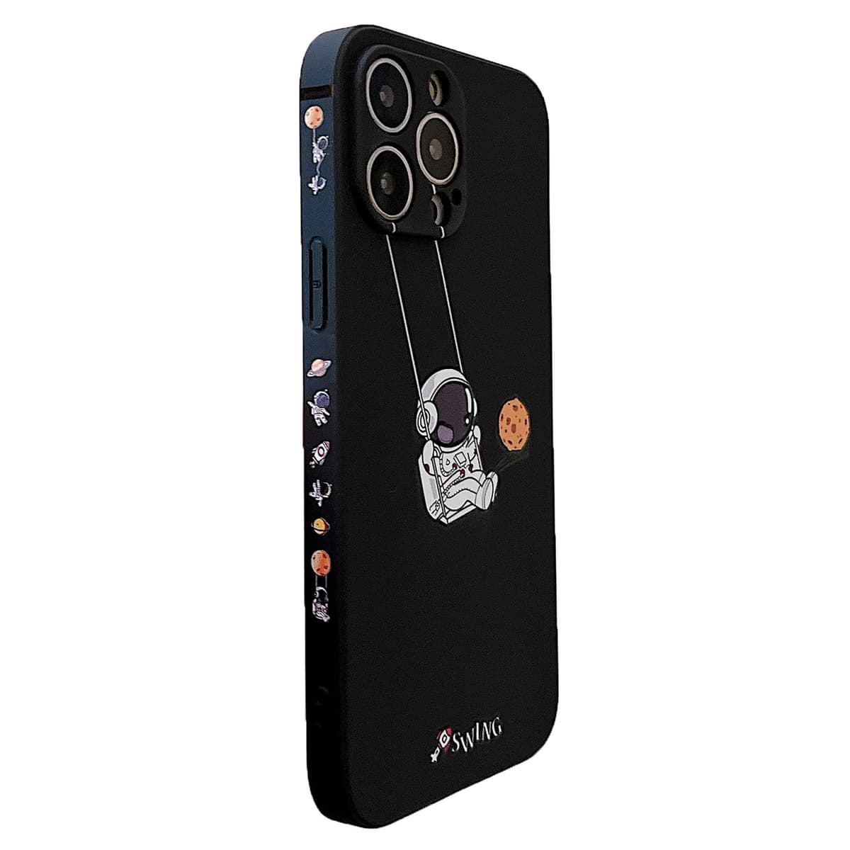 Yonds Queen for iPhone 14 Plus Cute Case, Cool Cartoon Swing Astronaut Planet Moon Space Design Stylish TPU Bumper Shockproof Anti-Slip Protector Fashion Case (Black Planet, iPhone 14 Plus)