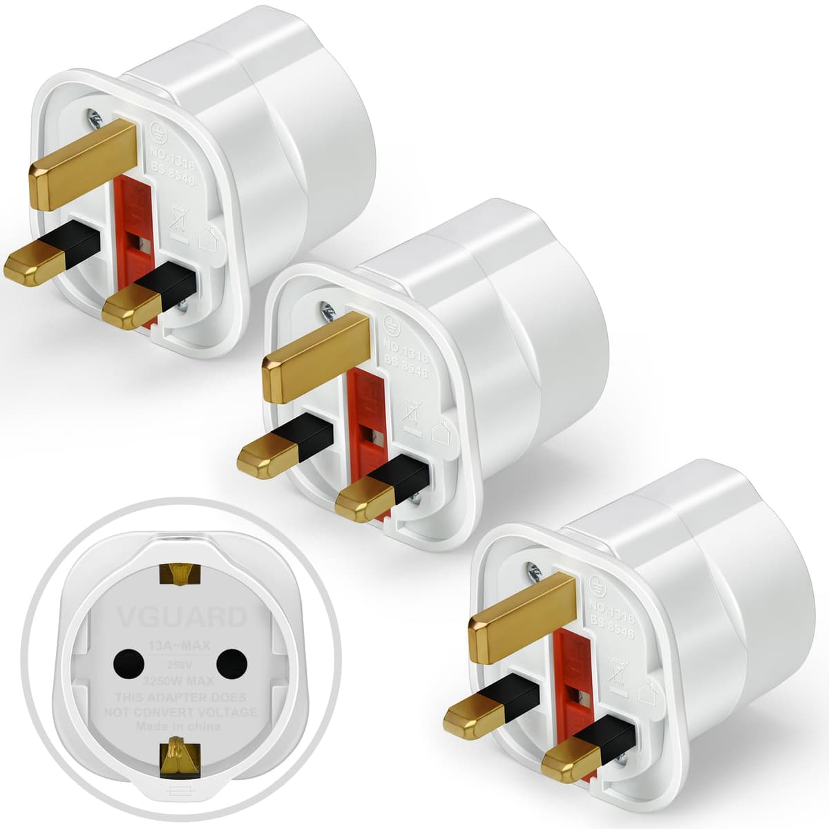 VGUARD European to UK Plug Adaptor, BS8546 Certified Travel Adapter 2-Pin to 3-Pin, EU Schuko to UK Plug with 13A Fuse for Europe French Spanish German Turkish to UK Socket, 1 Pack - White — view 9