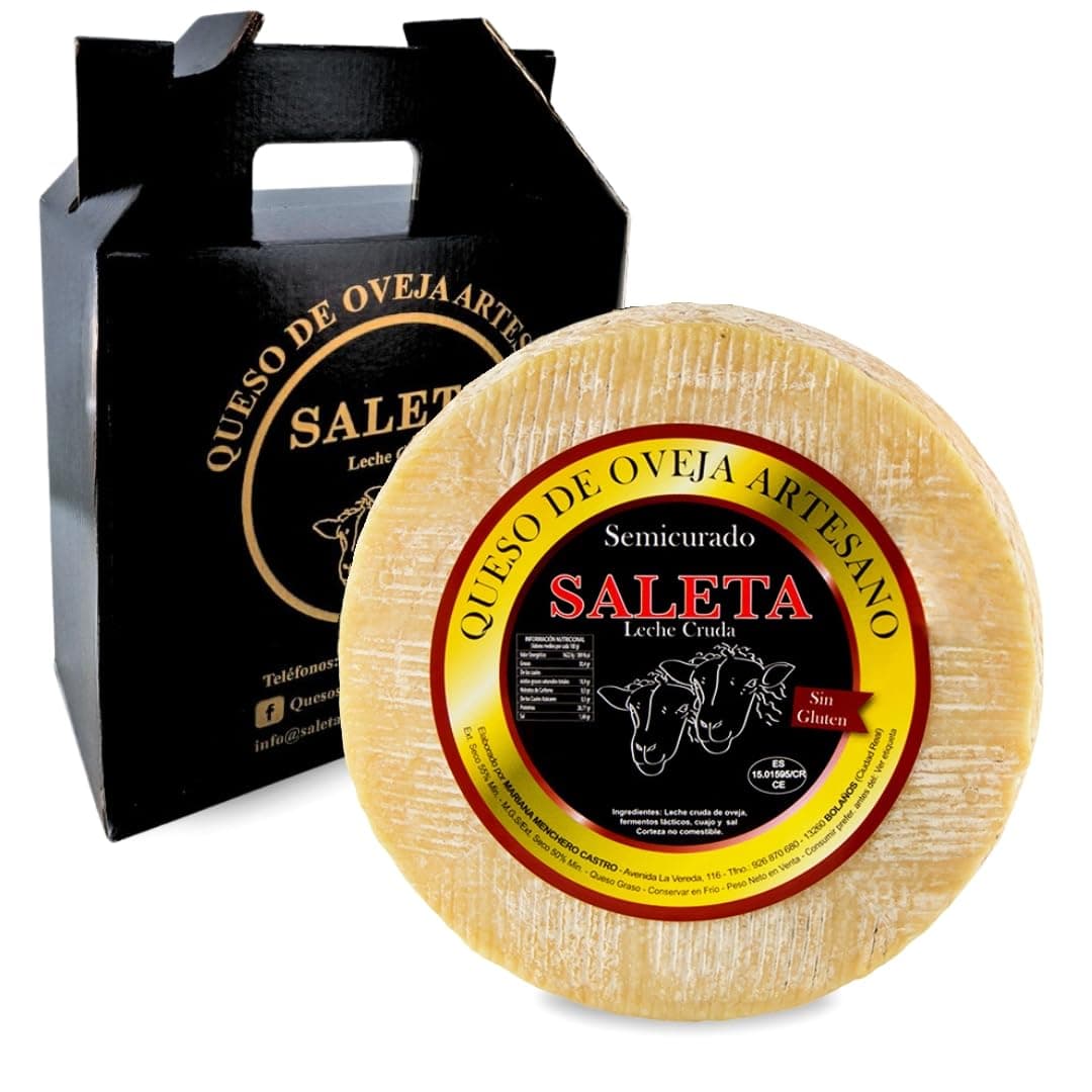 SALETA® Queso Semicurado Entero de oveja Gourmet (1,3 Kg) | Elaboracion Artesana Quesos de La Mancha | Quesos de leche de oveja | Caja Gourmet para regalar | Queso Gourmet Regalo