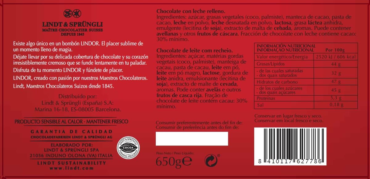 Lindt LINDOR Bombón Corazón Chocolate con Leche San Valentín, caja con aprox 18 bombones, forma de corazón, para regalar, chocolate cremoso, bombones para regalar, 250 gr — view 2