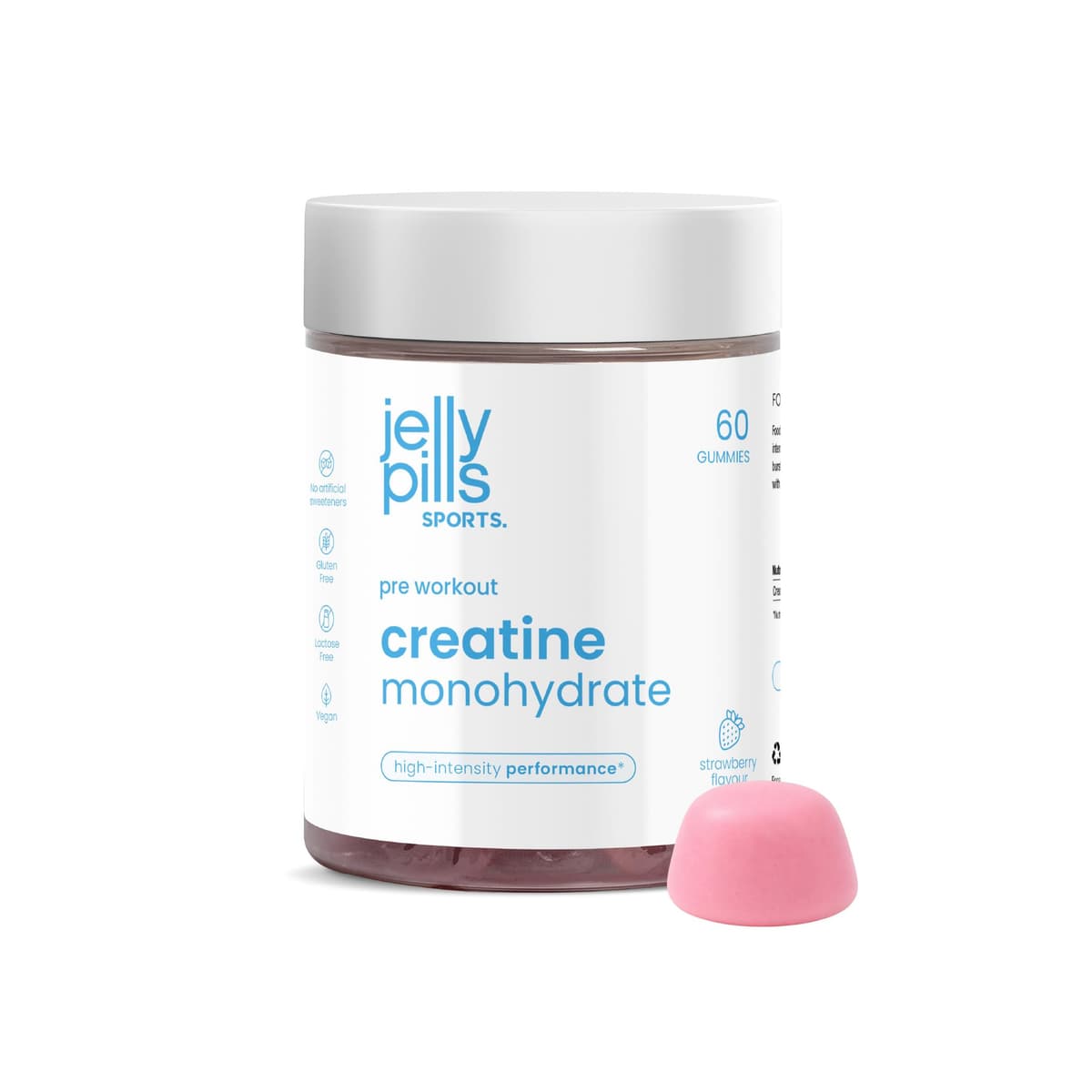 Jelly Pills Sports Creatina Monohidratada Gummies – 60 Gominolas – 1,5 g por Gummy – 3 g por Dosis – Pre-Workout Fuerza y Rendimiento – Sabor Fresa