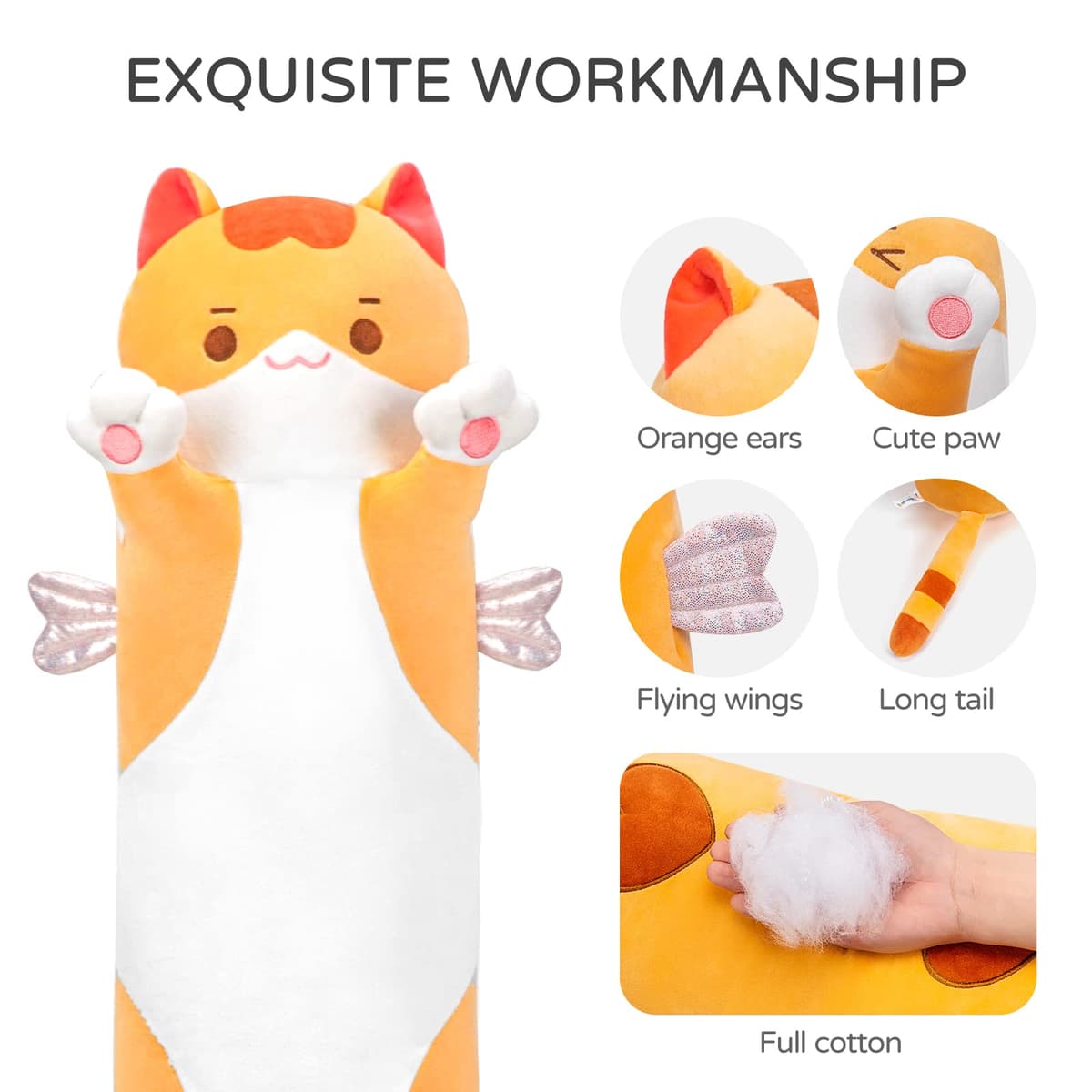Mewaii Peluche Gato Naranja Largo Almohada Kawaii 110CM Suave de Gato de Animales Muñecas de Peluche Que Respira Juguetes Navidad Regalo para Niños — view 2