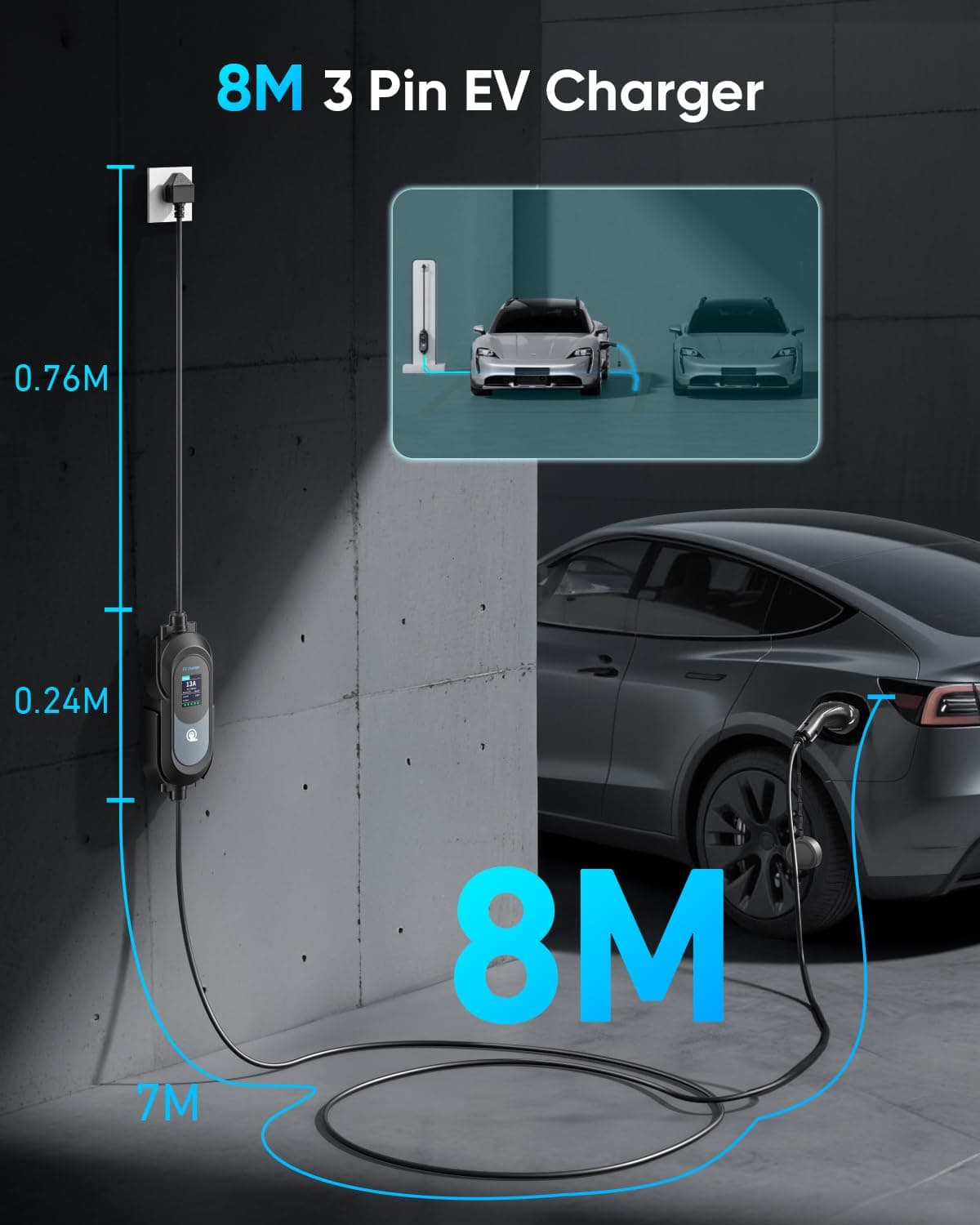 EV Charger Cable Type 2 to 3 Pin Plug 8M/26.25Ft, Max 3.3kW [6-13A] Electric Car Charger, Portable Car Type 2 Charging Cable 3 Pin with 2.4″ LED Screen, 12H Timing Delay, IP67/IP65 for EVs & PHEVs — view 4