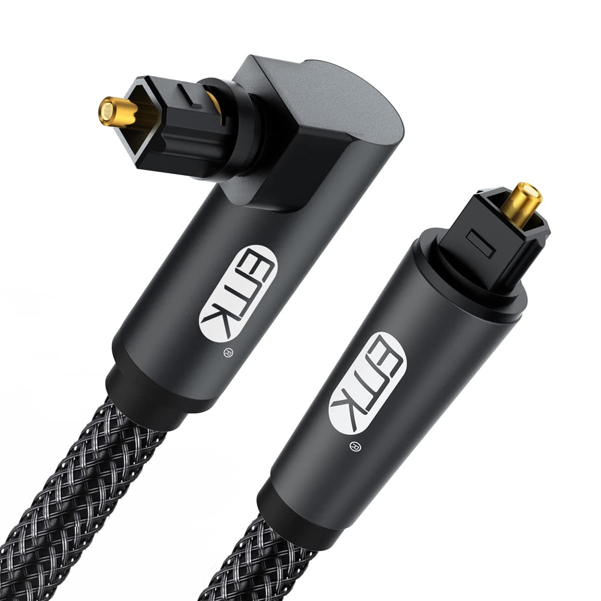 EMK Cable Óptico 90° Toslink - Conector Giratorio para Blu-Ray, Soundbar, HDTV, PS3/PS4, Xbox (0.3M, Fibra Óptica, Negro)