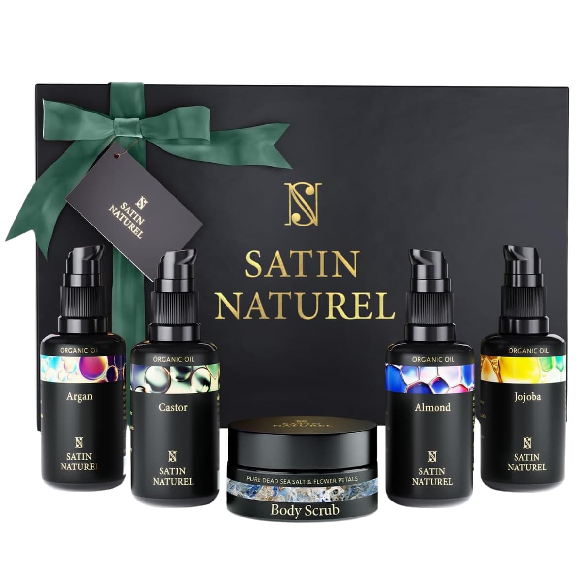 Satin Naturel Luxury Gift Set for Women 5 x 30 ml – Argan Oils, Castor, Almond, Jojoba and Body Scrub with Dead Sea Salt – Natural Cosmetics – Premium Edition