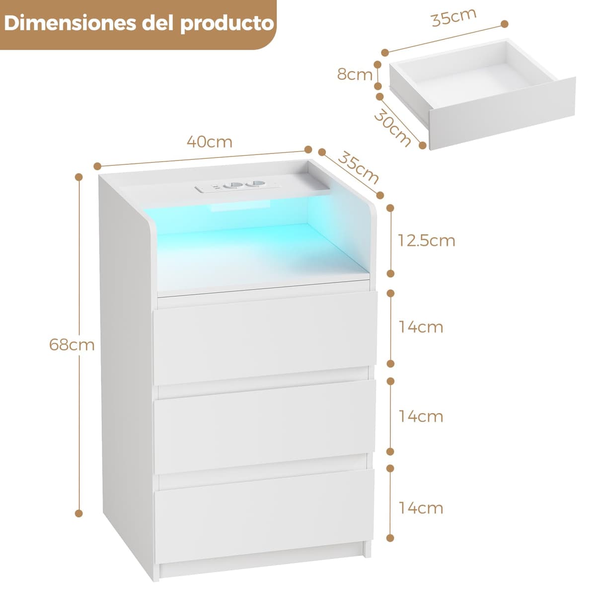 ANWBROAD Mesita de Noche con Enchufes Integrados,Mesilla de Noche con Tira de Luces LED,3 Cajones 1 Compartimento,Mesita de Noche Moderna para Dormitorios Salones (2, Blanco) BNS014W — view 3