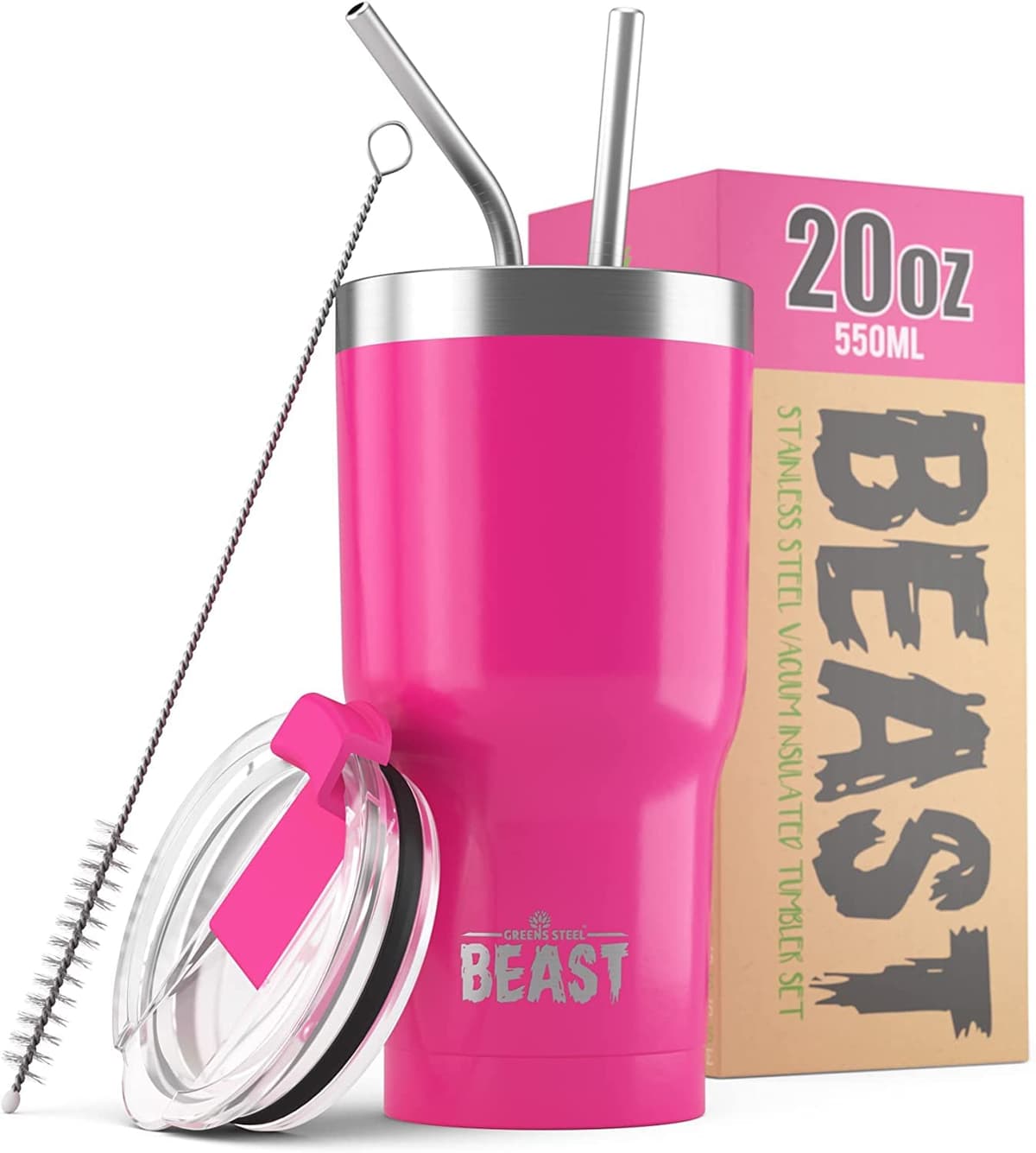 Greens Steel Beast Tumbler – 550 ml (20 oz), Rosa Ponqué | Vaso de acero inoxidable reutilizable con aislamiento al vacío | con 2 pajitas y cepillo de limpieza | Termo de viaje de doble pared