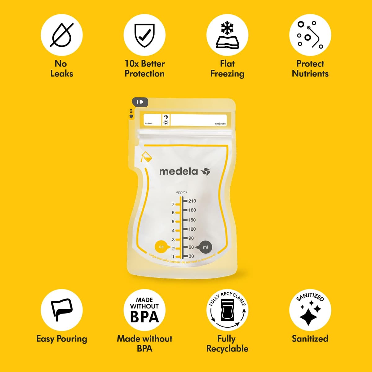 Medela Easy Pour Disposable Breastmilk Storage Bags, 210 ml Capacity, Leakproof Design with Milk Protection, Made Without BPA, Pack of 100 — view 3