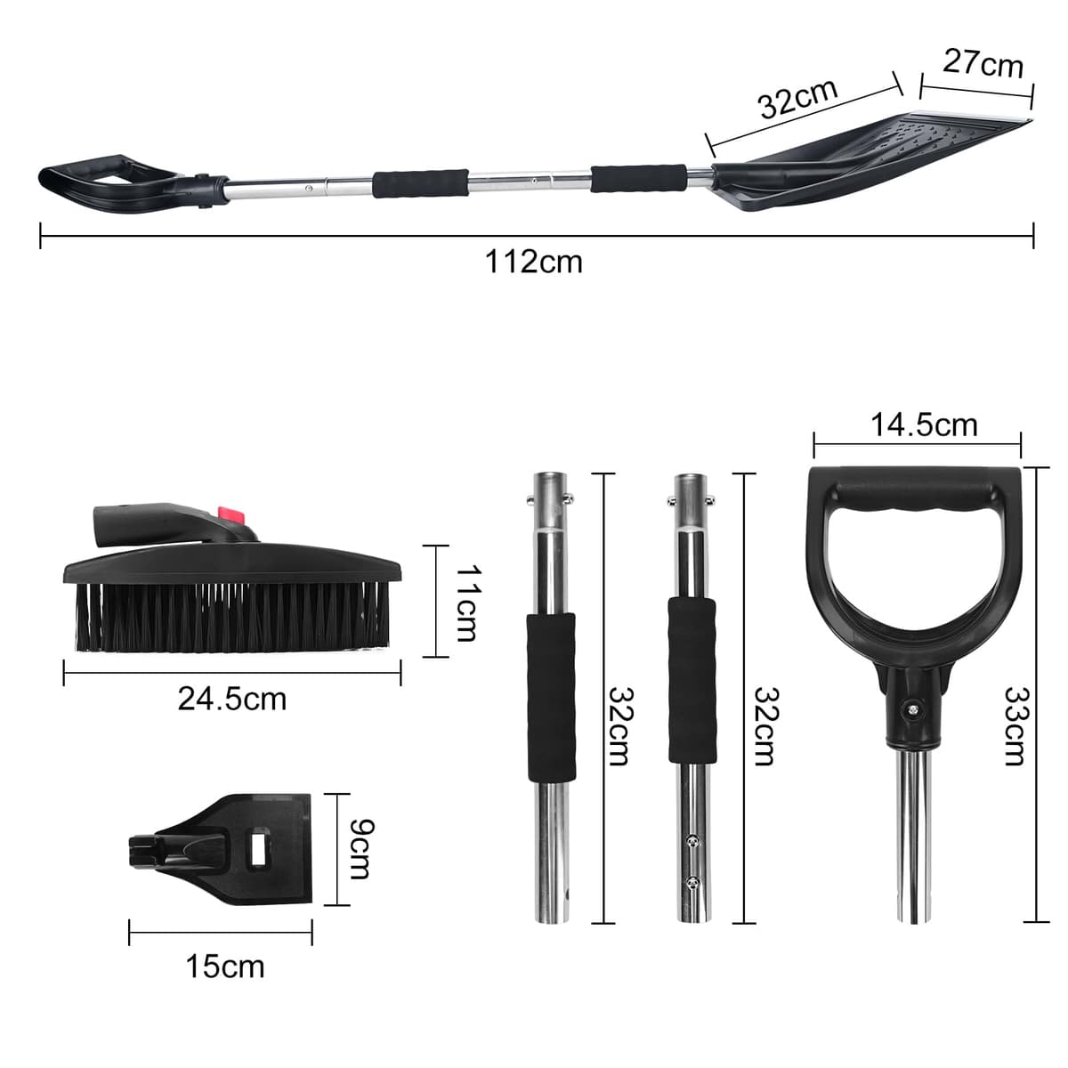 COVVY Kit de Pala de Nieve 3 en 1, Retráctil Con Raspador de Hielo y Cepillo Para Entrada de Coche, Incluye Bolsa de Almacenamiento y Guantes (Plateado) — view 3