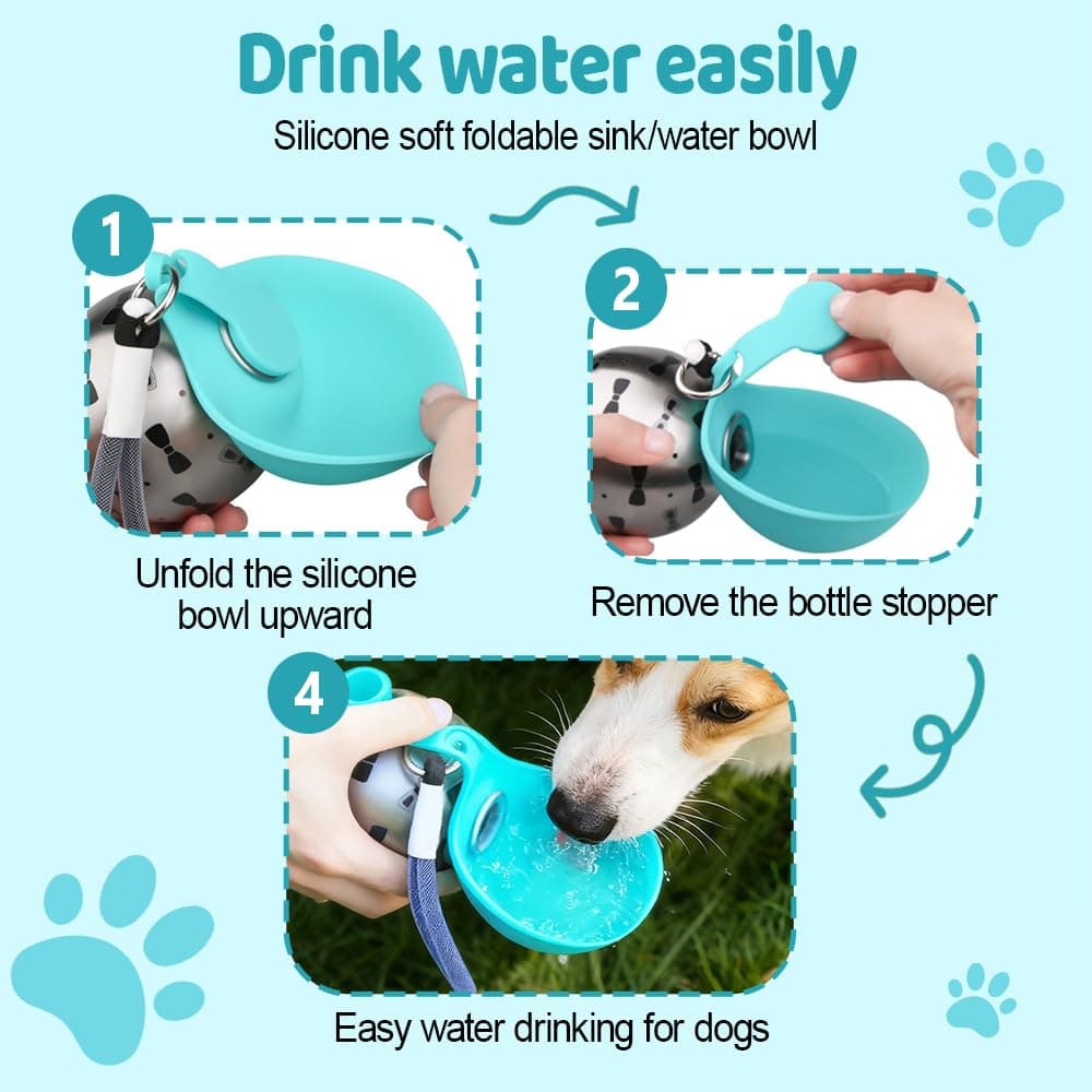 Botella de Agua portátil para Mascotas, compacta de Acero Inoxidable para Perros, Bebedero de Viaje a Prueba de Fugas para Gatos con Cuenco de Silicona Plegable para Paseos y Caminatas al Aire Libre — view 3