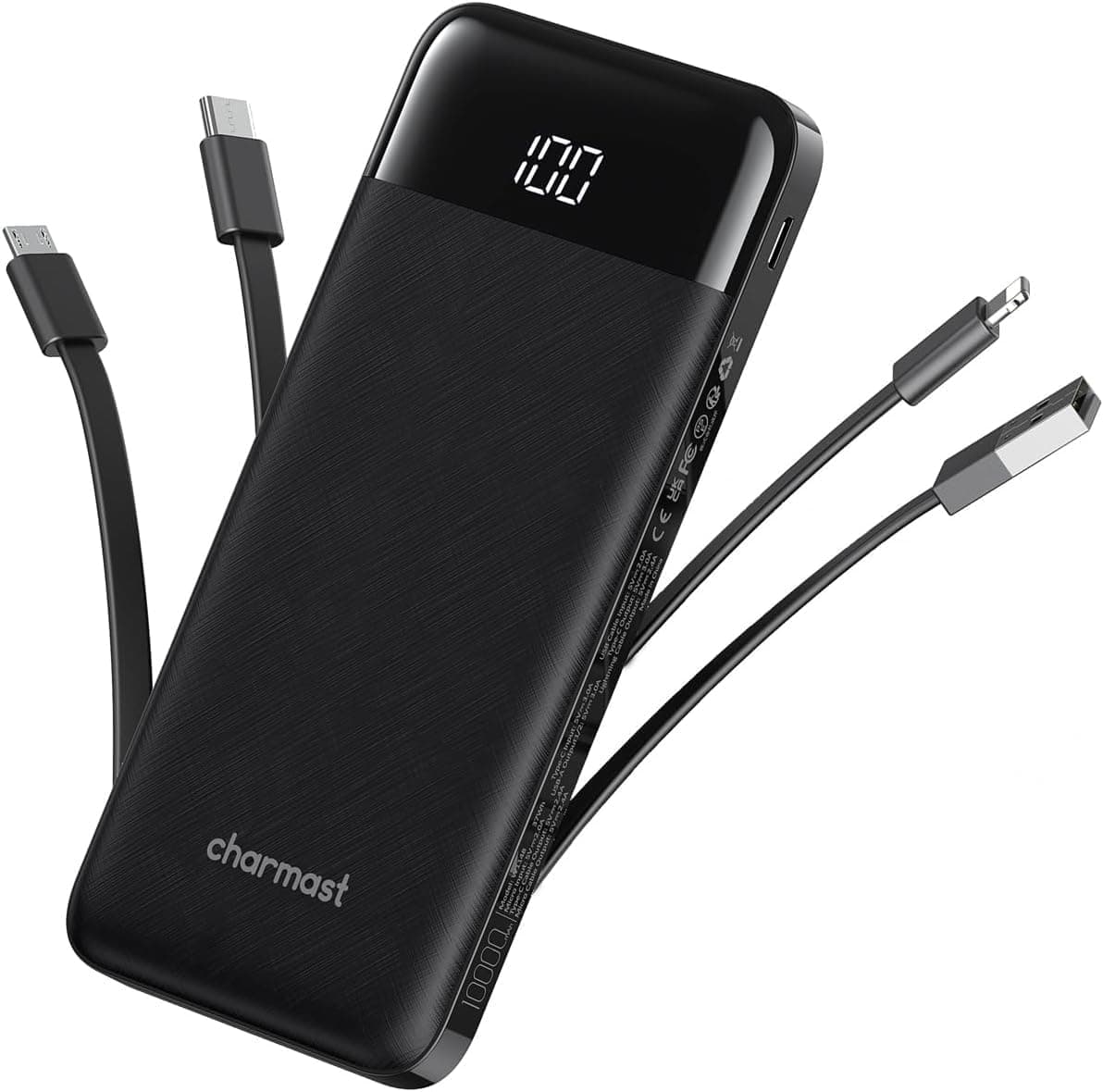 Charmast Power Bank with Built in Cables X 4, 10000mAh USB C Battery pack 6 Outputs 3 Inputs with LED Display Type C Powerbank Portable Charger Compatible with Smartphones Tablets and More — view 13