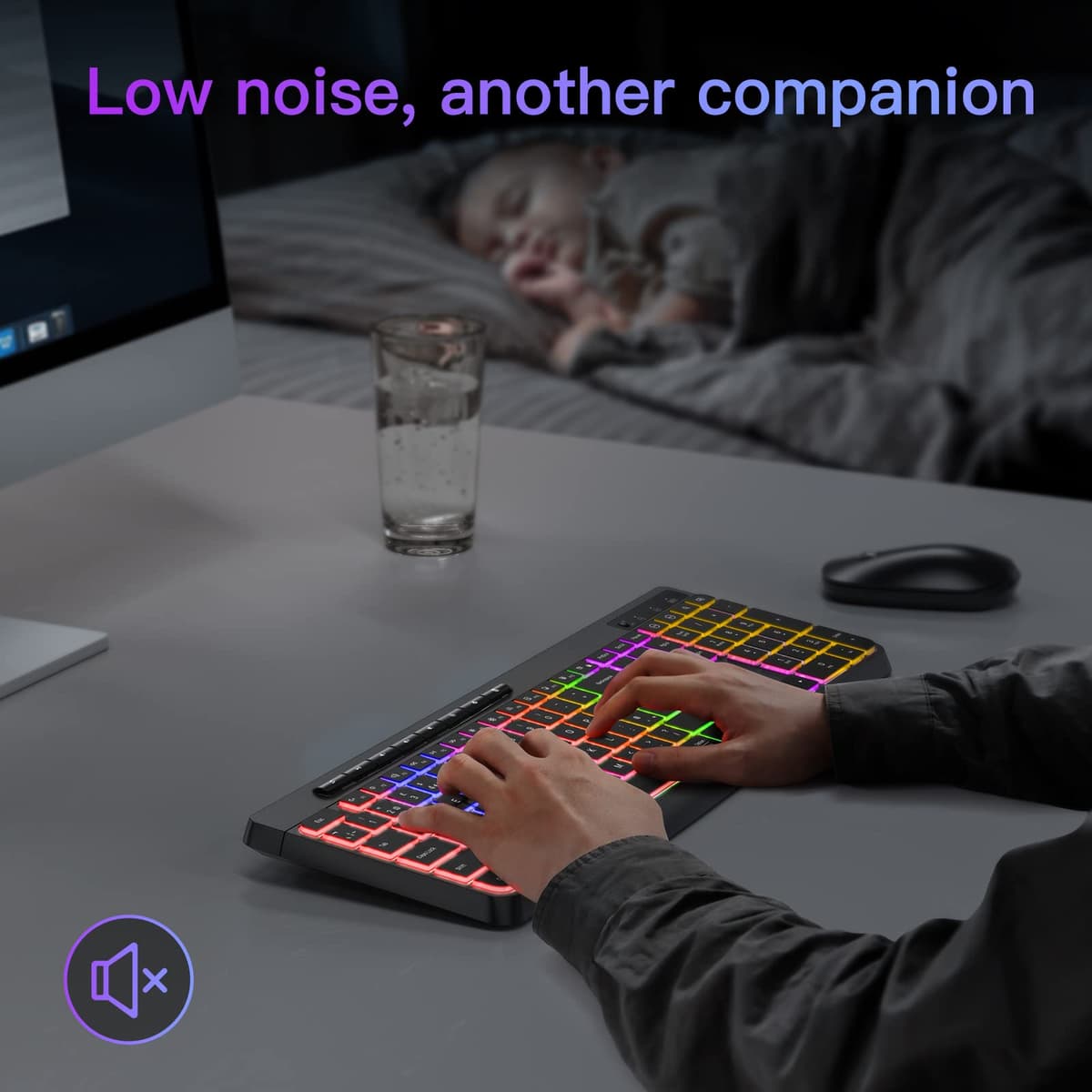 TECURS Wireless Keyboard QWERTY UK Layout, 2.4G Wireless Gaming Keyboard, LED Backlit, Ergonomic, Quiet, Rechargeable, Full Size Keyboard with Multimedia Keys for Computer/PC/Laptop/MAC/Windows — view 2