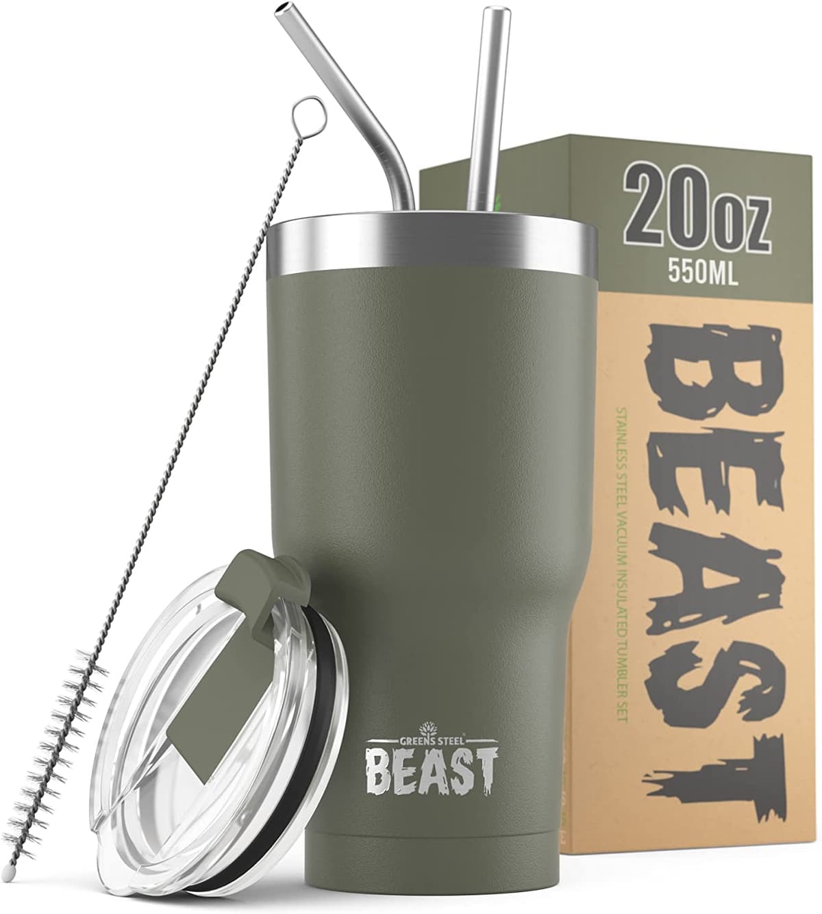 Greens Steel Beast Tumbler – 550 ml (20 oz), Coral | Vaso de acero inoxidable reutilizable con aislamiento al vacío | con 2 pajitas y cepillo de limpieza | Termo de viaje de doble pared — view 40