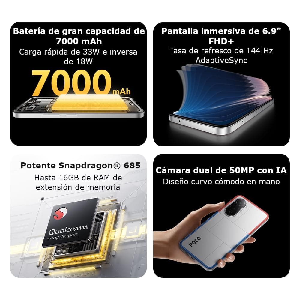 XIAOMI POCO M7 - Smartphone de 8+256GB, Cámara Dual de 50MP con AI, Pantalla inmersiva de 6,9” FHD+, Snapdragon 685, Carga rápida de 33W y Reversible de 18W, Cargador no Incluido, Plata (Versión ES) — view 3