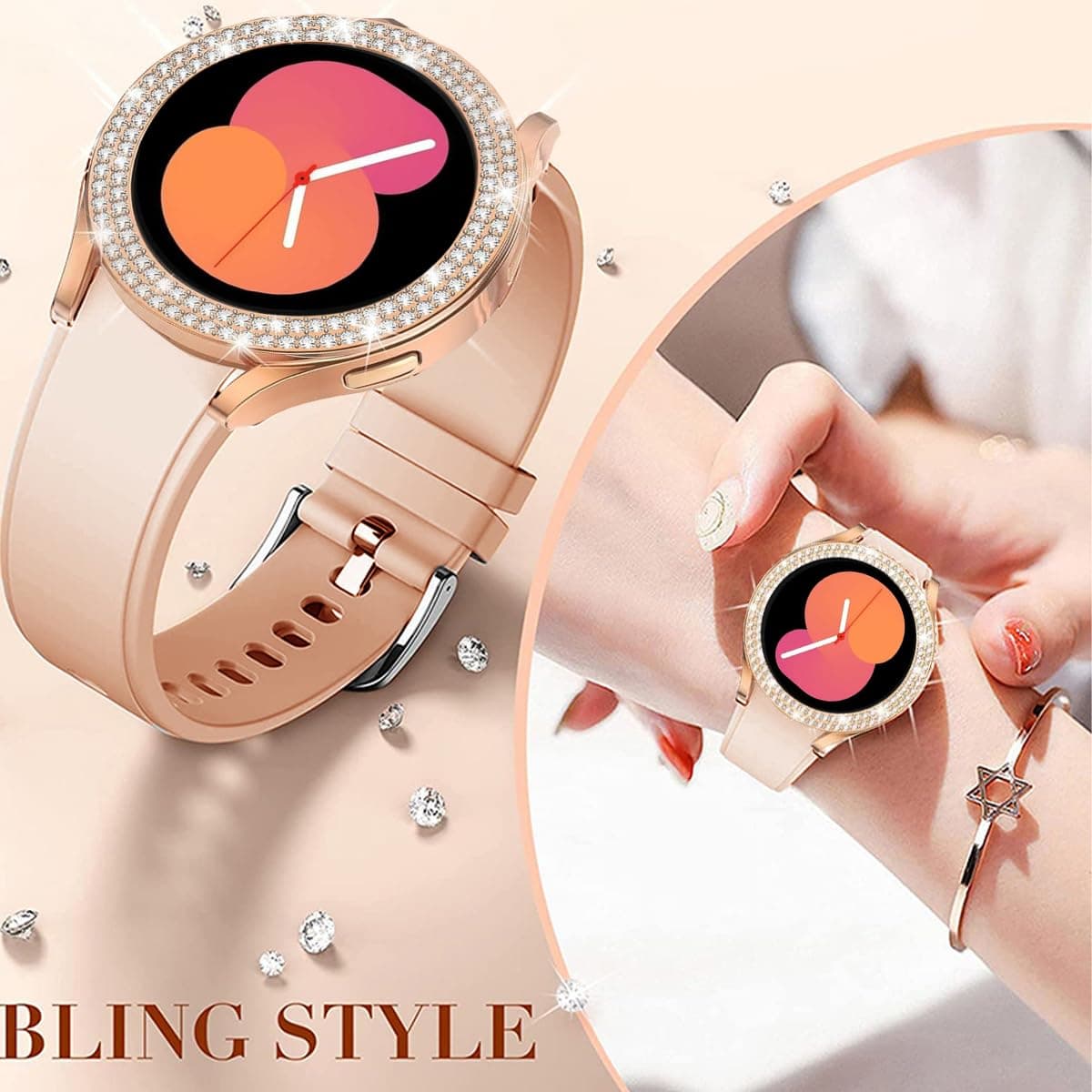 DEALELE [2-PACK] Case Compatible with Samsung Galaxy Watch FE / 5/4 40mm, Bling Double-row Diamond PC Protective Case Protector Cover, 40mm, Rose gold + Transparent — view 4