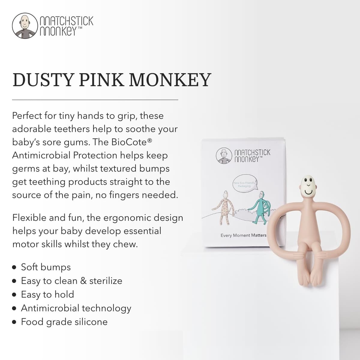 Matchstick Monkey, Original Teether & Gel Applicator, Antimicrobial Silicone Teething Toys for Baby, Easy to Grip, BPA Free, 3 Months Old+, 10.5 cm, Dusty Pink Monkey — view 5