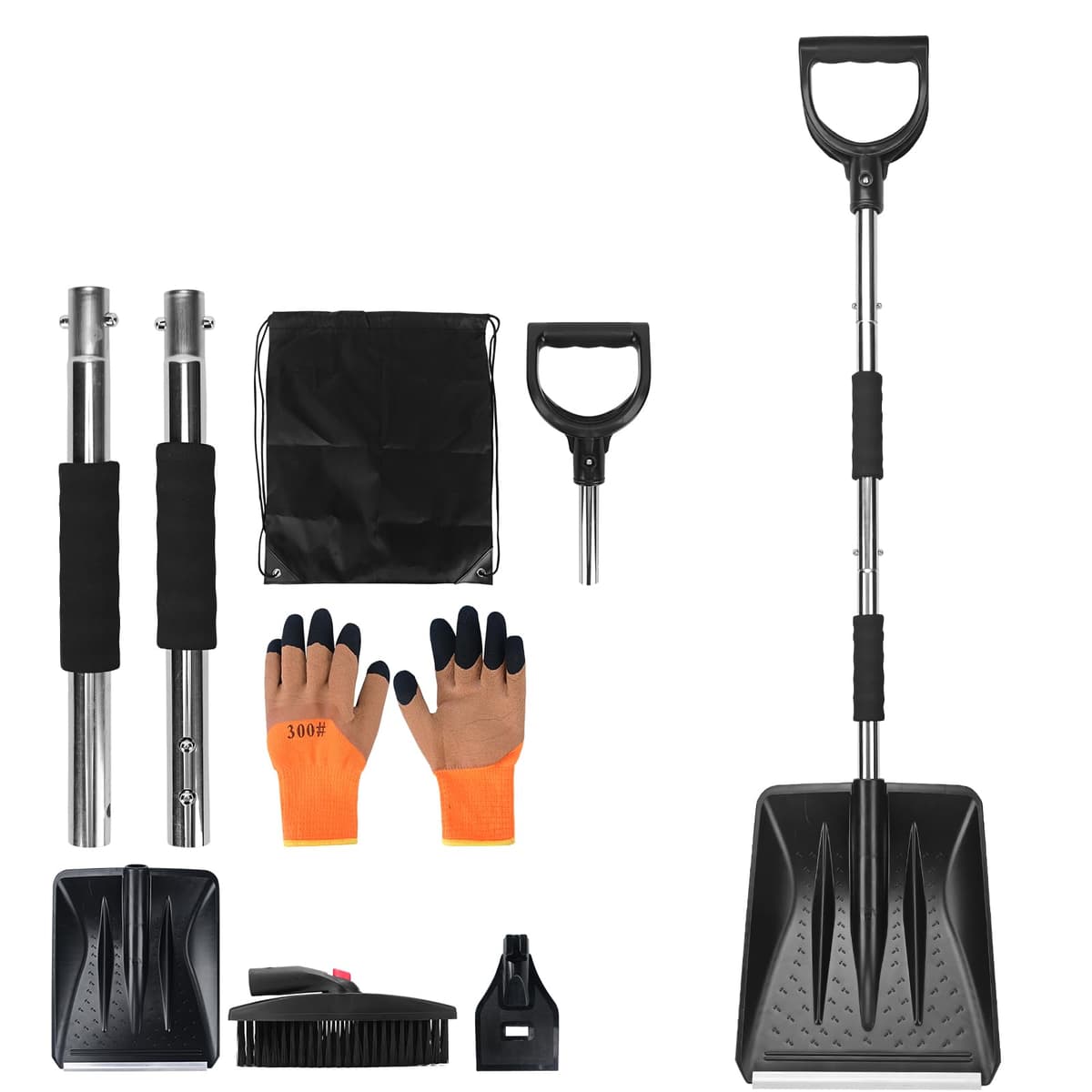 COVVY Kit de Pala de Nieve 3 en 1, Retráctil Con Raspador de Hielo y Cepillo Para Entrada de Coche, Incluye Bolsa de Almacenamiento y Guantes (Plateado)