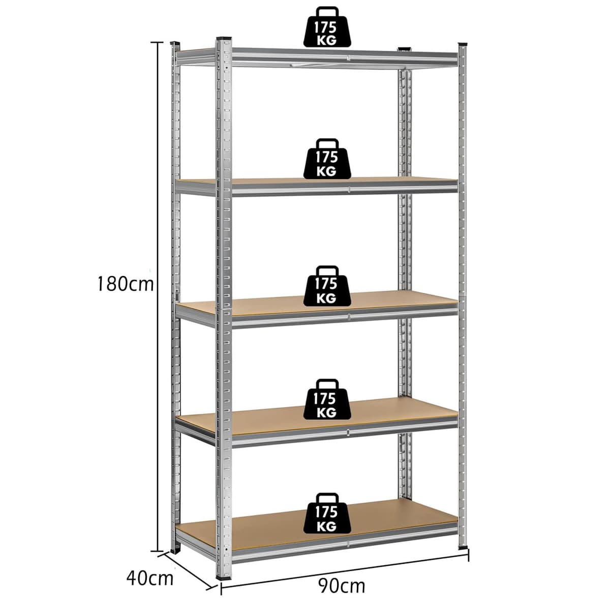 Estanterías Almacenaje Pesadas de 5 Niveles, Armazón de Acero, Carga Total de 875 kg, Dimensiones 180x90x40 cm, Montaje Rápido, Diseño Ajustable, Apt para Garaje, Almacén y Trastero — view 3