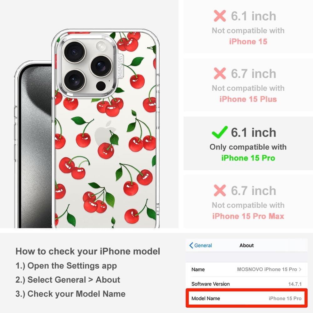 MOSNOVO Case for iPhone 15 Pro, [Buffertech 6.6ft Military-Grade Drop Protection] [Anti Peel Off Tech] Clear TPU Bumper Phone Case Cover Design - Cute Cherry — view 2
