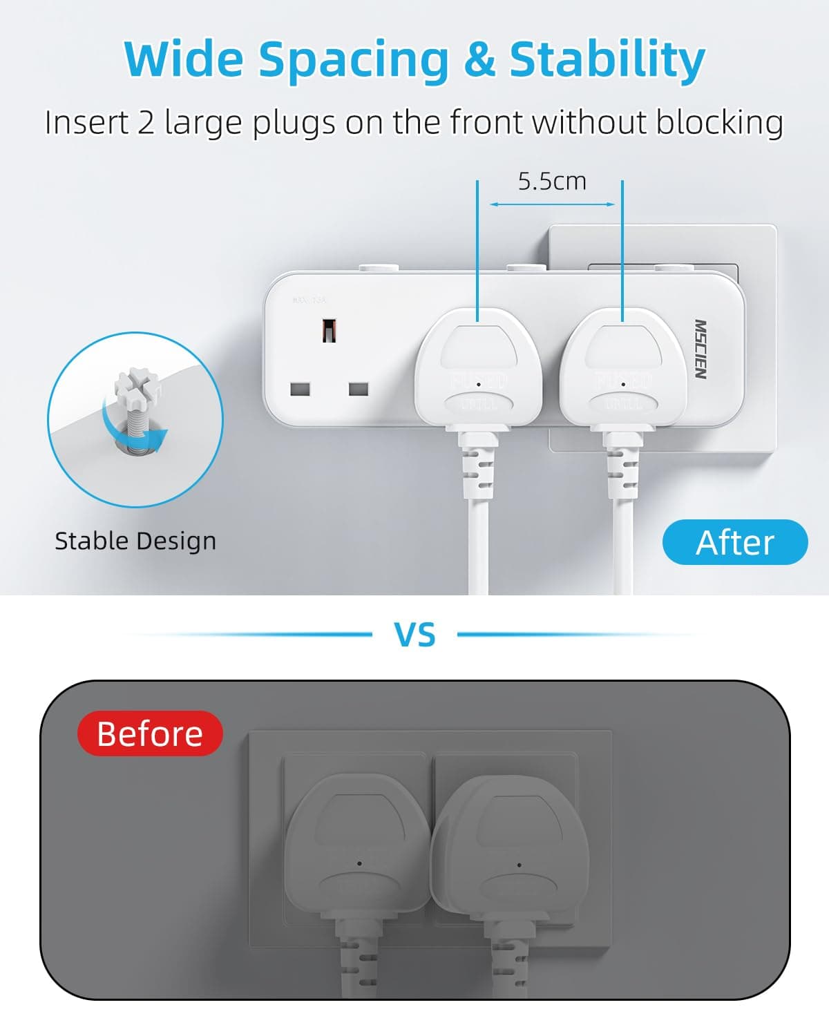 Mscien Multi Plug Extension Socket, UK Wall Socket Plug Extender with 315 Degree Rotating Design for Home, Office, Dorm (3 Way UK Sockets) — view 4