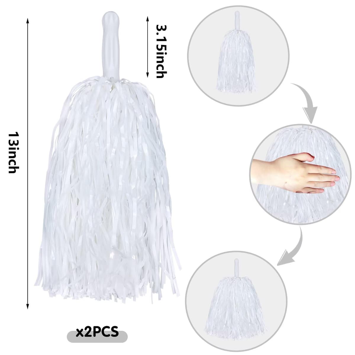 2 pompones blancos de animadora de papel metálico para escuadrones deportivos, bailes, fiestas, fútbol, baloncesto, celebración de actuaciones espirituales — view 2