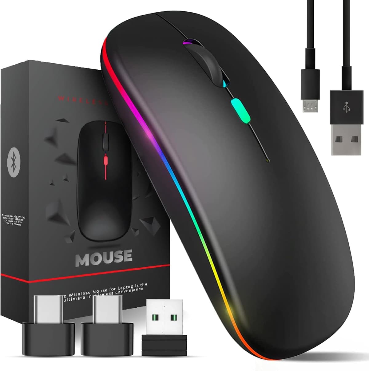 Wireless Mouse Bluetooth & 2.4GHz Dual Mode, Rechargeable RGB Computer Mous e, 800–2400 DPI, USB Mouses, Wireless Mouse for Laptop, Bluetooth Mose for Laptop Accessories