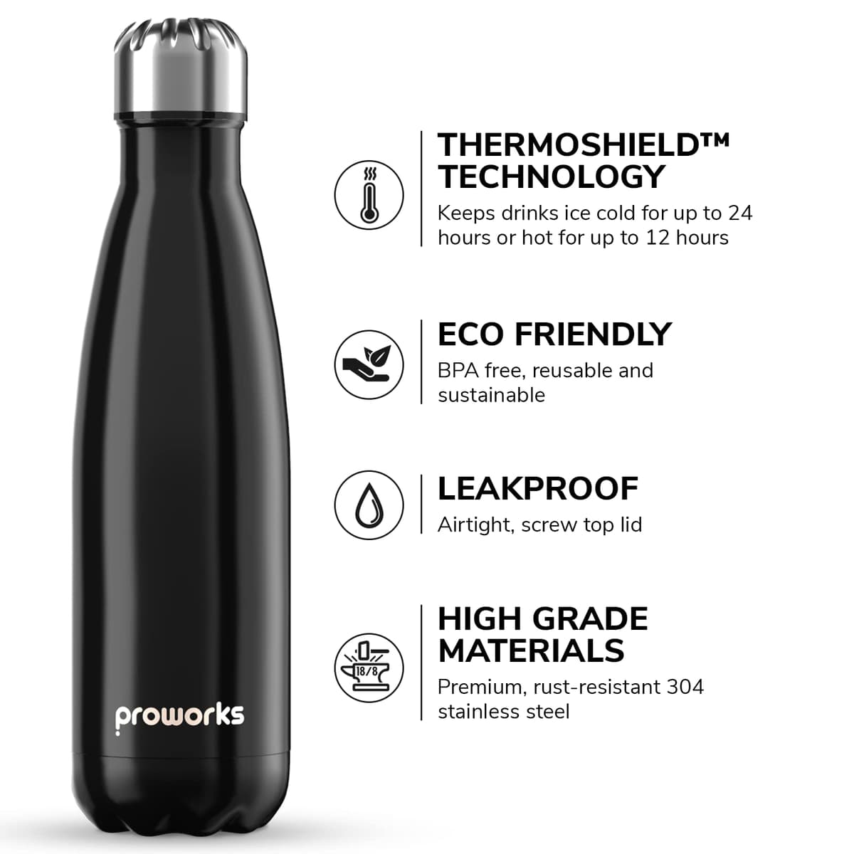 Proworks Performance Stainless Steel Sports Water Bottle | Double Insulated Vacuum Flask for 12 Hours Hot & 24 Hours Cold Drinks - Great for Home, Work, Gym & Travel - 1 Litre - BPA Free – Black — view 3