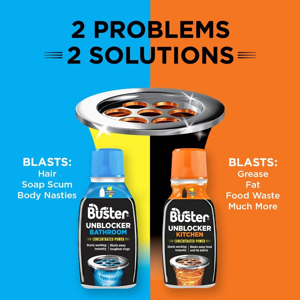 Buster Bathroom Drain Unblocker (Pack of 2 x 300ml) Fast-Acting Sink Unblocker Dissolves Hair, Sludge and Soap, Drain Cleaner Clears Blockages in Shower, Bath and Bathroom Sink Pipes - Made in UK — view 6