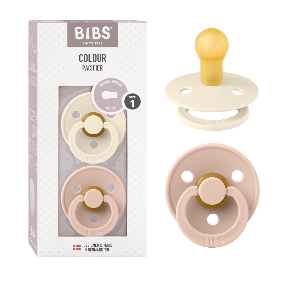 BIBS Colour Paquete de 2 chupetes. Libre de BPA, Tetina redonda. Látex natural, Talla 1 (0-6 meses), Ivory / Blush
