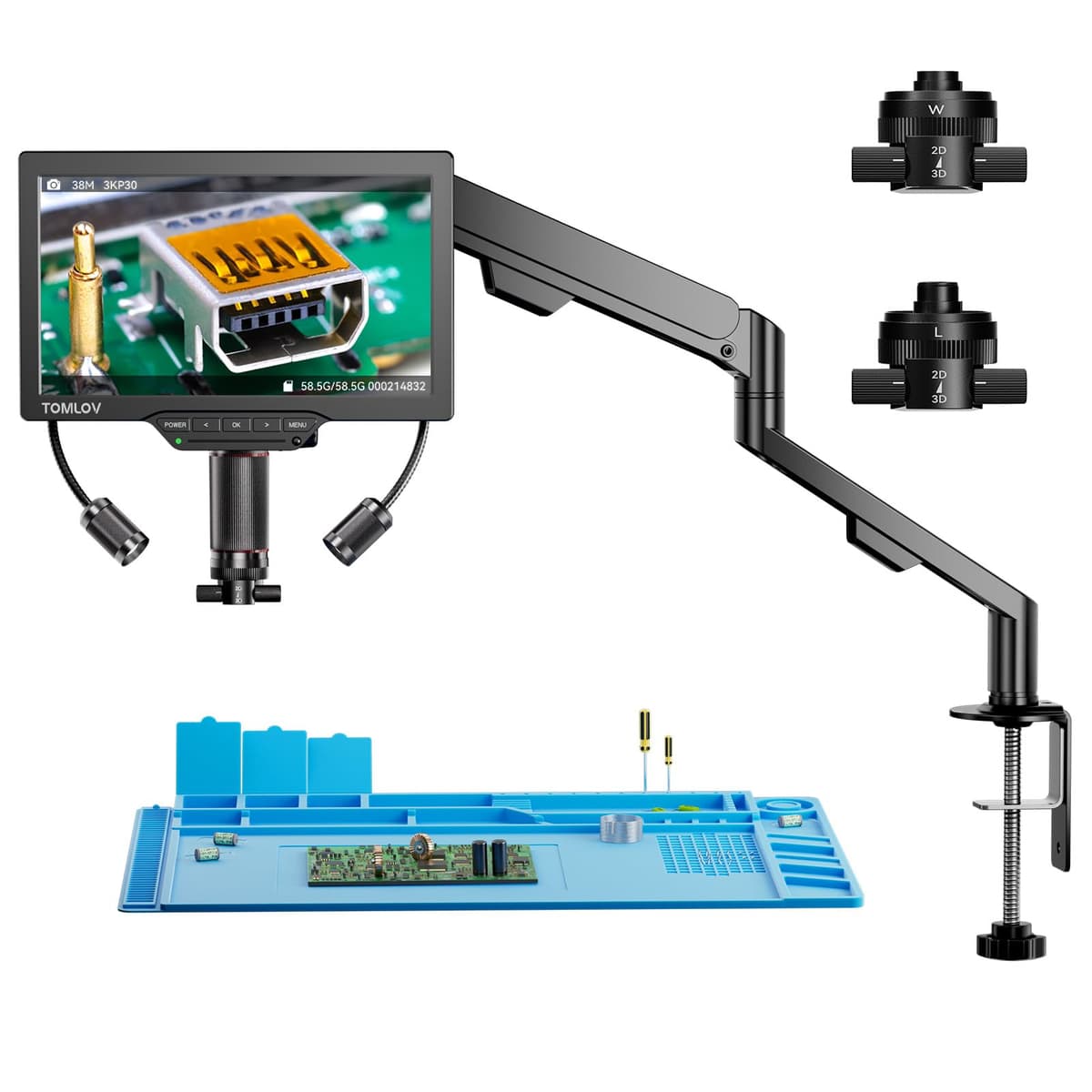 TOMLOV TM3K-3D IPS Digital Microscope with Dual Magnetic Lenses, 3D HDMI Soldering Microscope for Adults, Magnifier 3K Coins with LED, Repair Pad, Flexible Arm, 64GB
