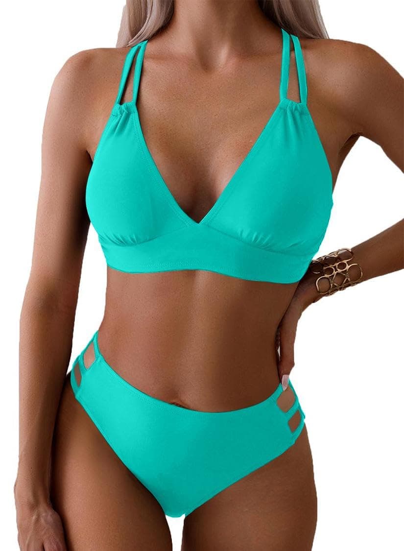 Joligiao Mujer Bikini Sexy Traje de Baño 2 Piezas Cuello en V Bikinis Brasileño con Triángulo Bañadores Bikini Top y Braga Cintura Alta Conjunto de Bikinis Playa