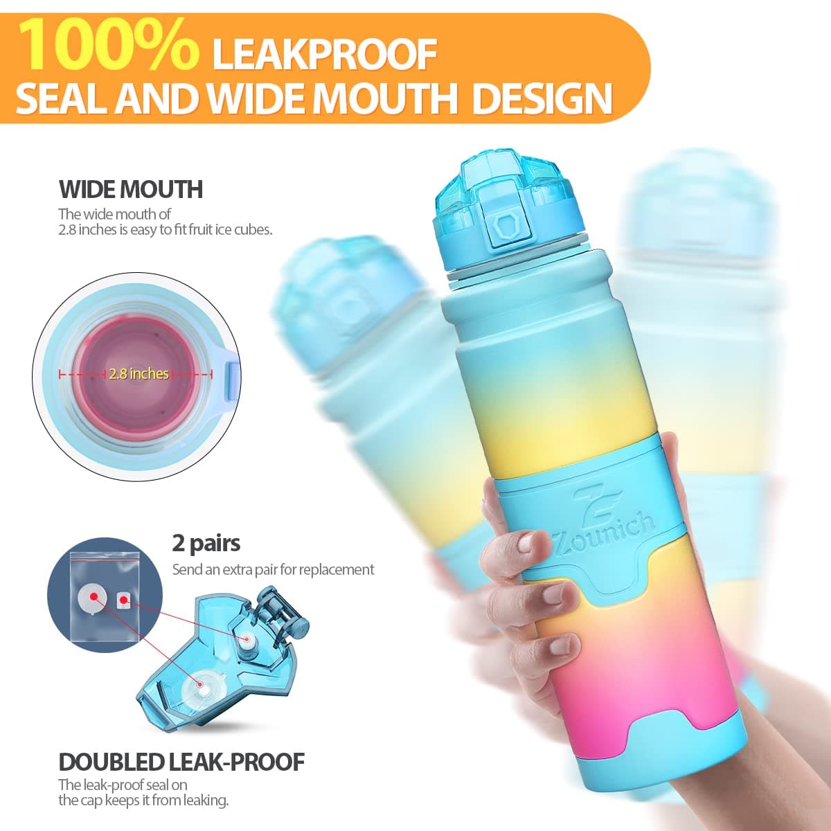 ZOUNICH Botella Agua Deporte Botellas Agua Niños sin BPA, Reutilizable Tritan Plástico Ecologica con Filtro, 400ml/500ml700ml/1l, Cantimploras para Gimnasio, Bicicleta, Colegio, Oficina, Viajes — view 4