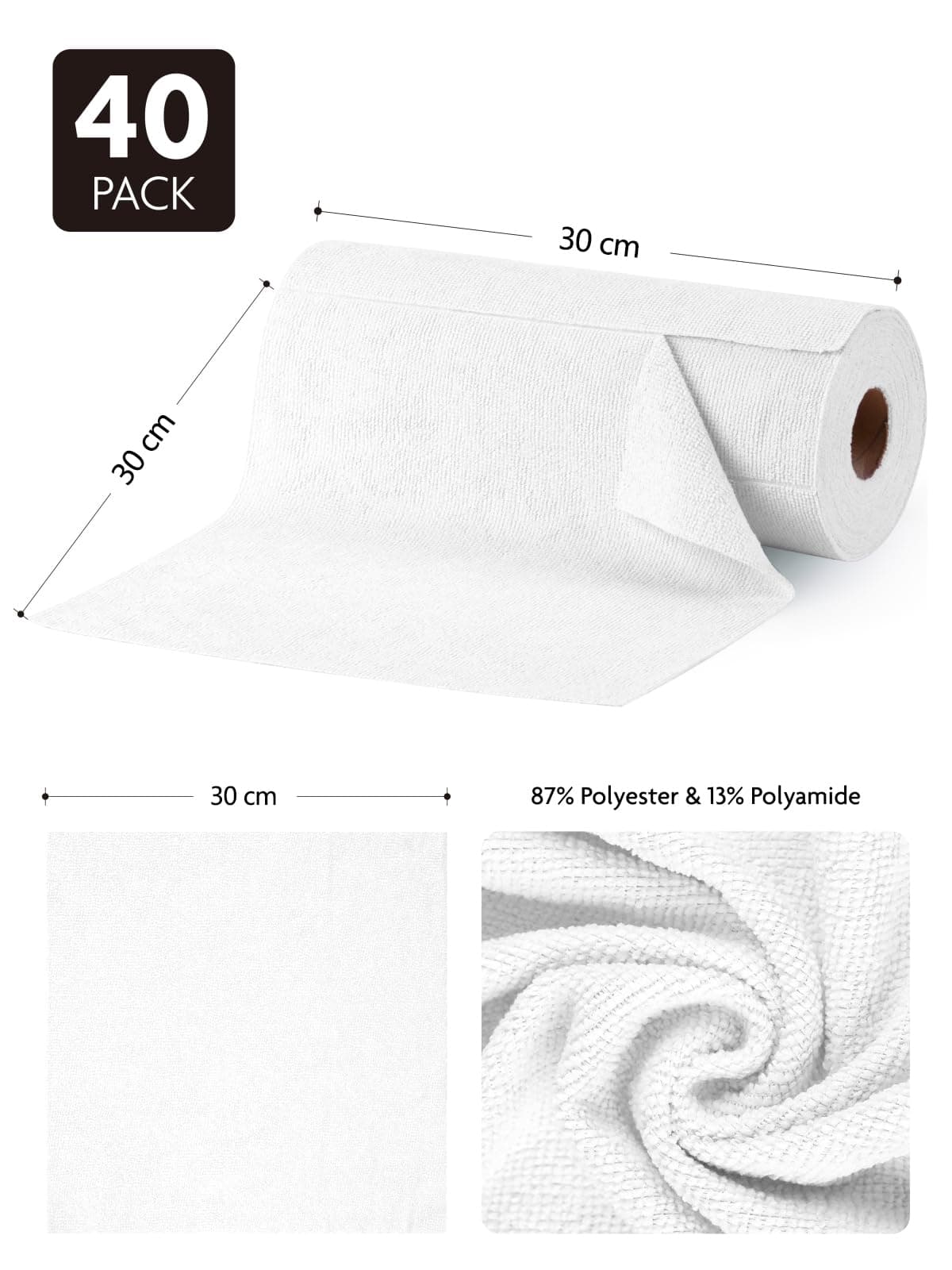 Fantasticlean Paños de Limpieza 40 Unidades, Rollo de Paño de Microfibra Rasgable, Trapos Reutilizables y Sin Pelusas 30 x 30 cm - Blanco — view 2