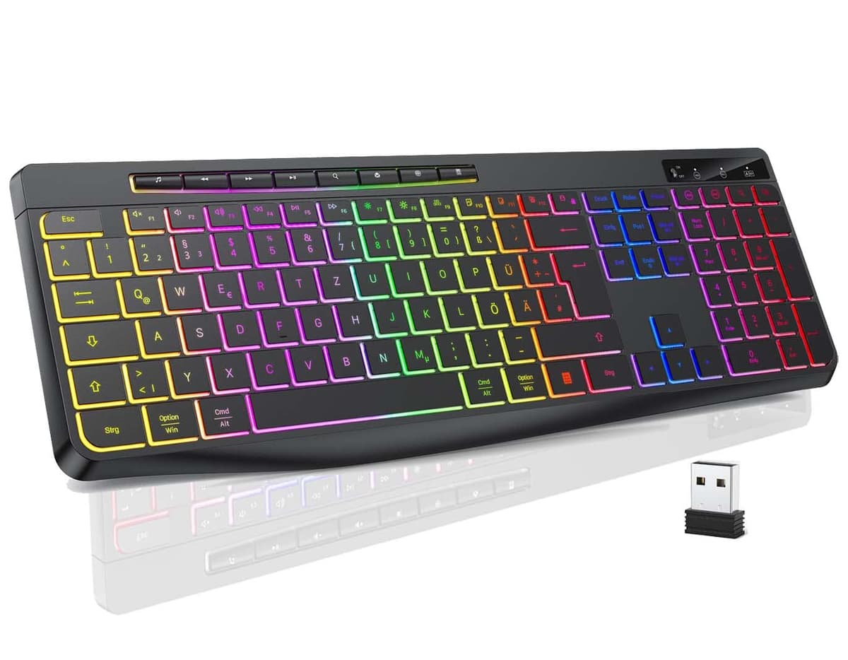TECURS Wireless Keyboard QWERTY UK Layout, 2.4G Wireless Gaming Keyboard, LED Backlit, Ergonomic, Quiet, Rechargeable, Full Size Keyboard with Multimedia Keys for Computer/PC/Laptop/MAC/Windows — view 9