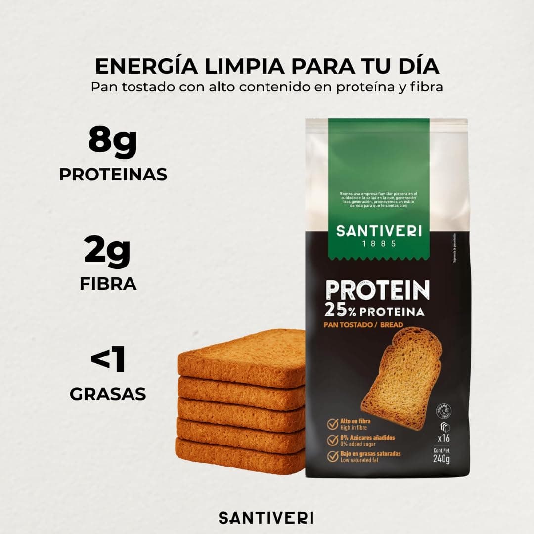 SANTIVERI – Pan Tostado Proteico con 25% de Proteína, Alto en Fibra, Pan Proteico con Proteína Vegetal, Bajo en Azúcares – 365 g — view 2