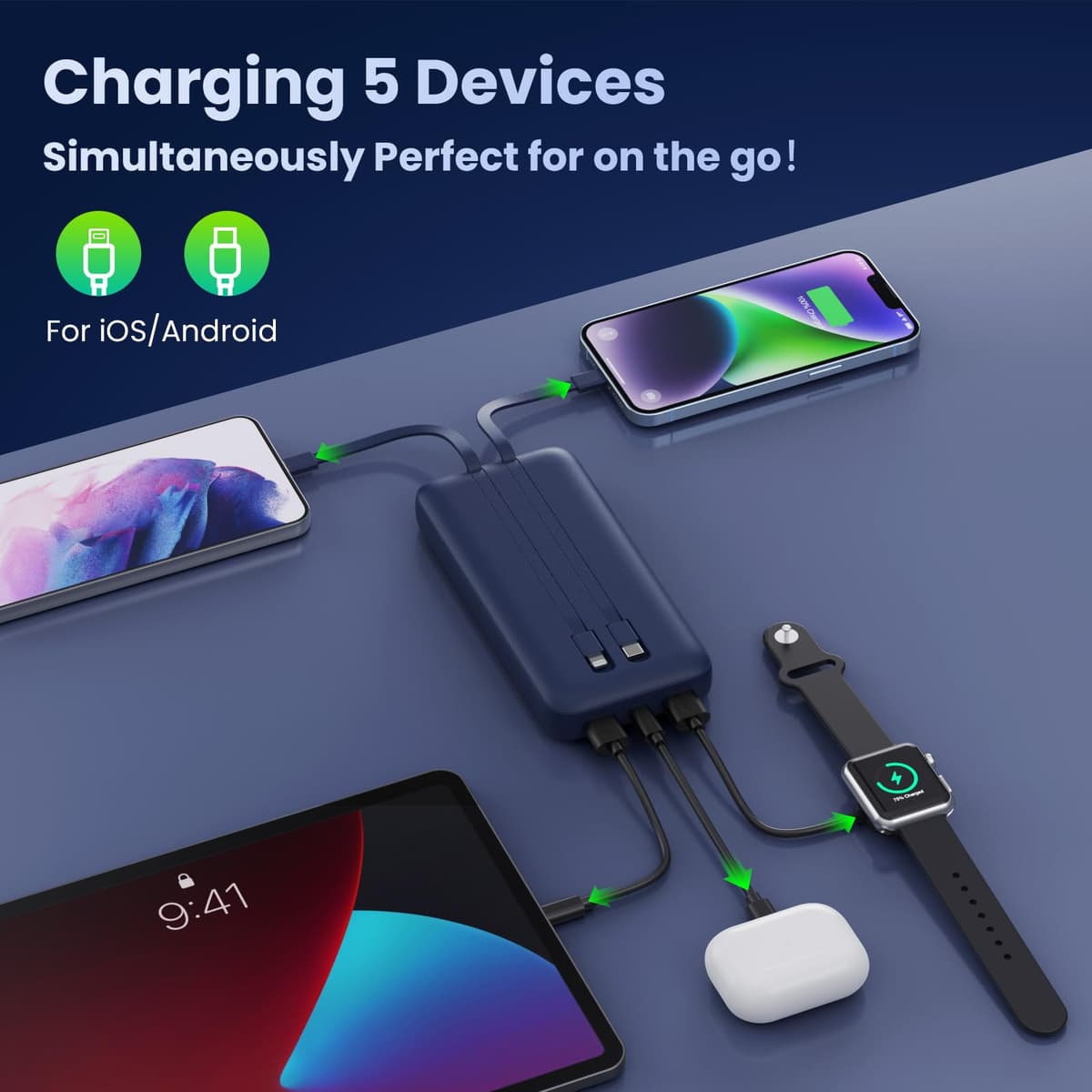 Power Bank 26800mAh con Cable, PD 25W QC4.0 Carga Rápida Batería Externa USB C, 5 Salidas Bateria Portatil con Pantalla LCD Cargador Portátil para iPhone 16/15/14, Samsung Huawei (Azul) — view 4