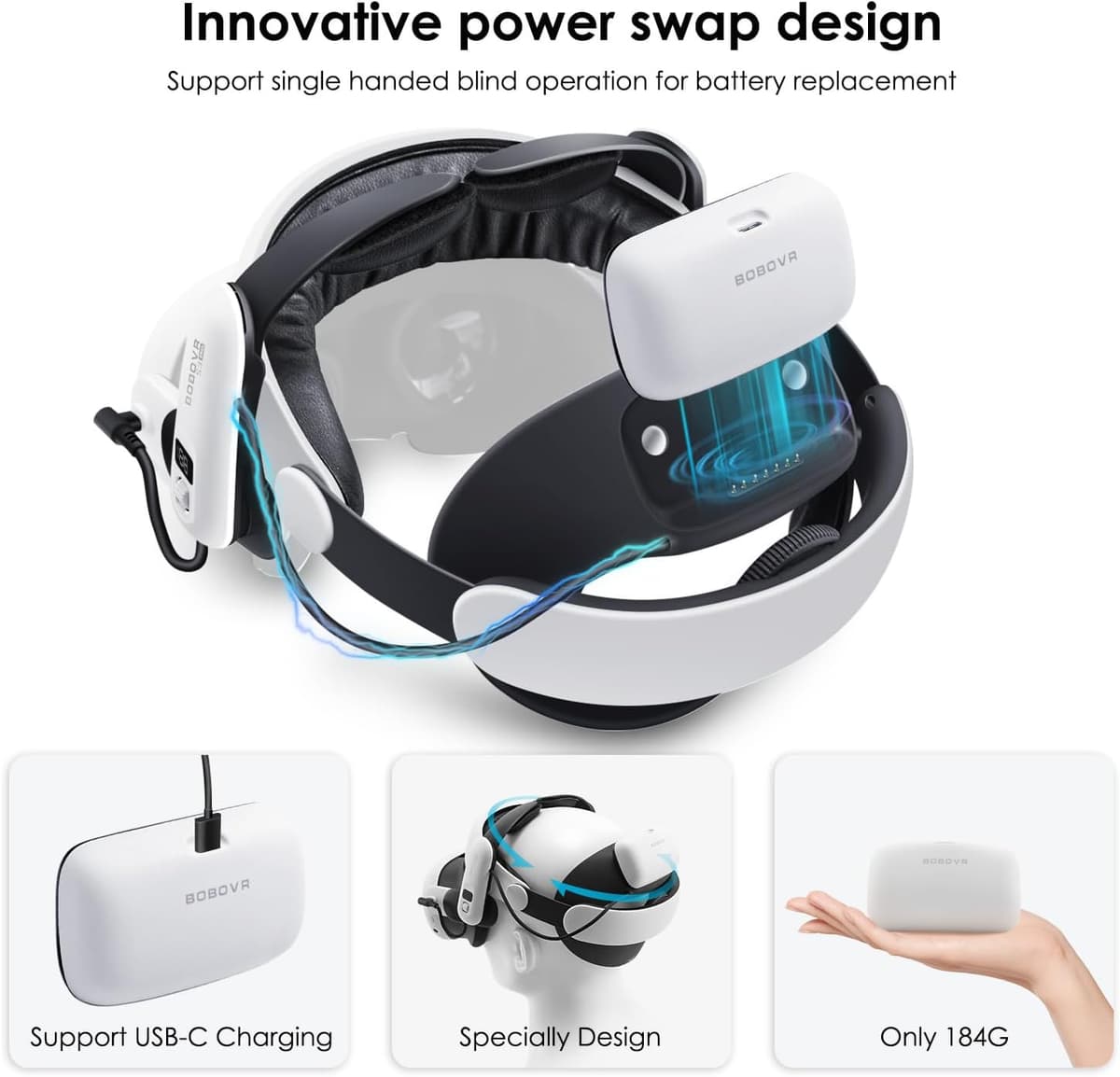 BOBOVR S3 Pro Super Strap VR Accessories Compatible with Meta Quest 3S/Quest 3, 2 IN 1Headstrap and Head air Conditioning, 10000mah Hot-Swappable Battery Pack Fit For Oculus Quest3 — view 2