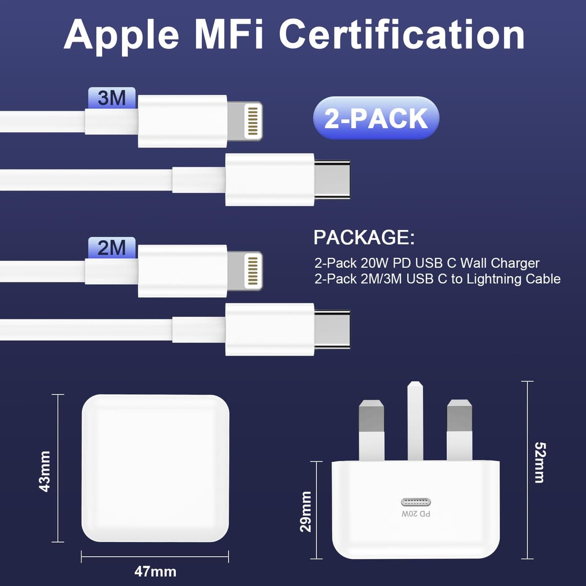 for iPhone Charger Fast Charge, 2Pack PD Fast Apple Charger UK USB C Plug With 2M&3M iPhone Fast Charger Cable [ MFi Certified] Lightning Cable for iPhone 14 13 12 11 Pro Max XS X 8 6, iPad — view 2