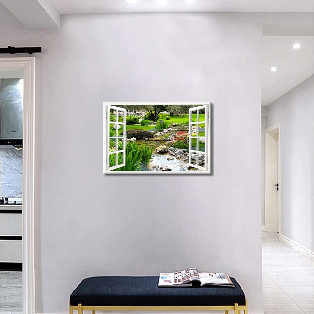 Canvas Nature Art Window View Decor for Home Clear Spring and Green Grass Out of The Open Window Creative Wall Hanging Prints for Office Home Kitchen Decorations Framed Ready to Hang (18"W x 12"H) — view 3