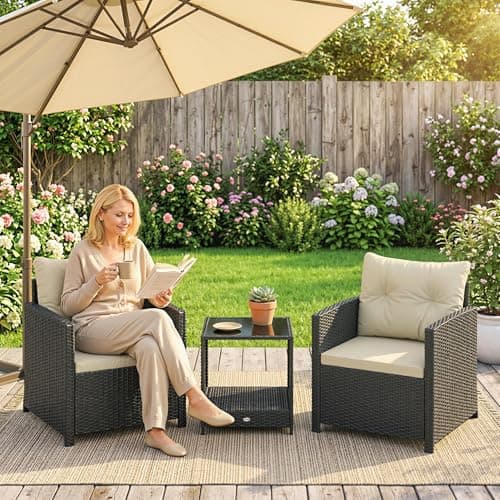 Outsunny 3 Piece Wicker Patio Furniture Set, PE Rattan Outdoor Bistro Set with Armchairs, 2-Tier Glass-Top Table, Cushions, Outdoor Conversation Furniture for Porch Balcony, Beige — view 7