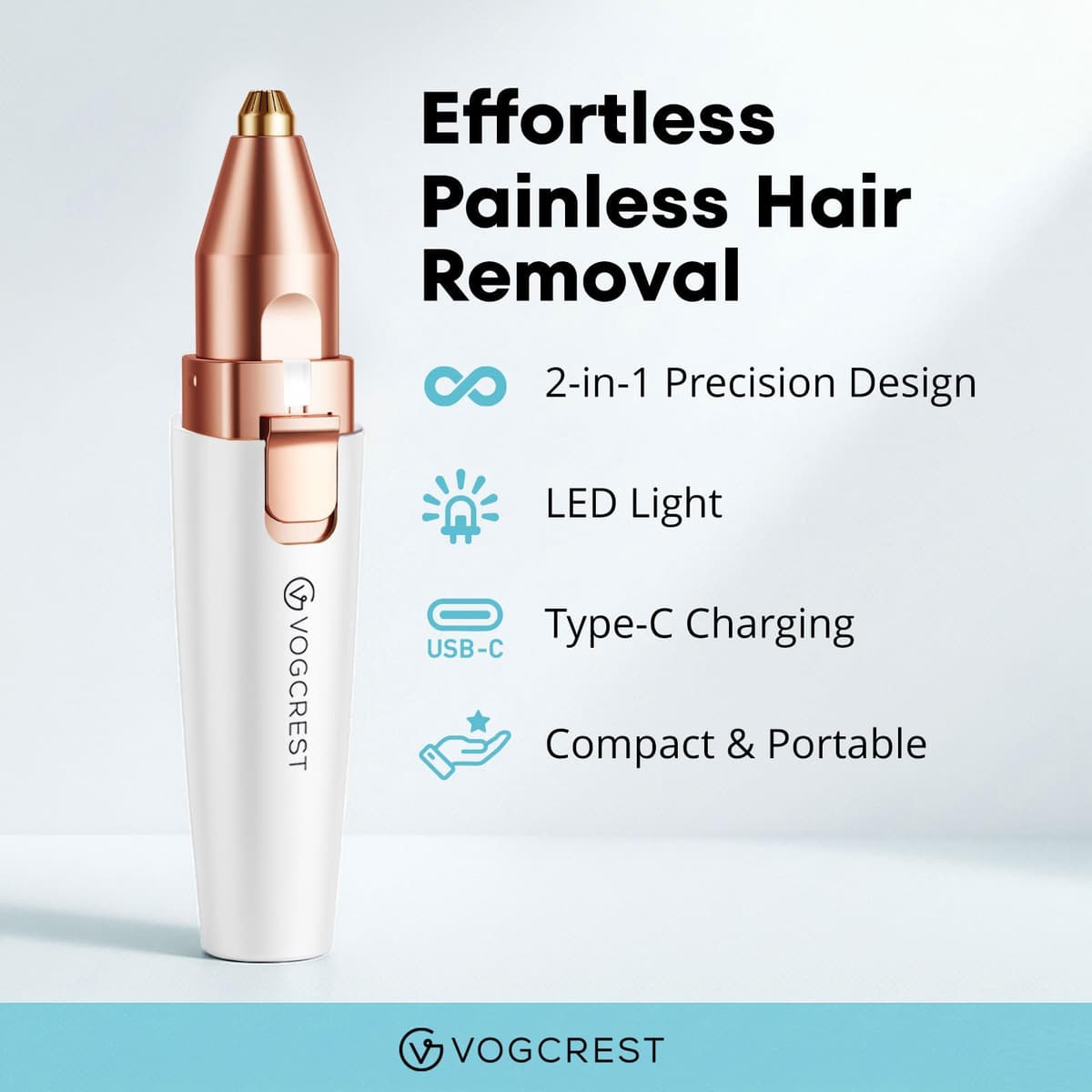 VG VOGCREST Recortadora facial de cejas: depilación facial recargable 2 en 1 y afeitadora de cejas, afeitadora facial sin dolor con luz LED integrada (blanco) — view 2