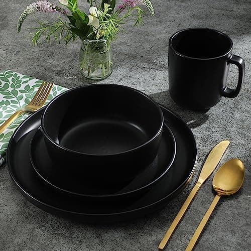 Gibson Home Zuma Stoneware Plates, Bowls, & Mugs Dinnerware Set - Matte Black, Service for Four (16pcs) — view 4