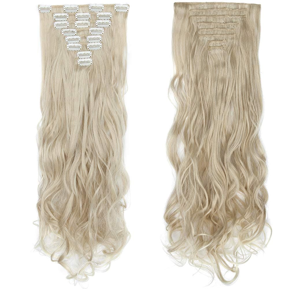 24"(60cm) SEGO Extensiones de Cabello Clip Pelo Sintético Se Ve Natural [Rubio Ceniza a Blanqueador Rubio] 8PCS Rizado Largo (140g) — view 2
