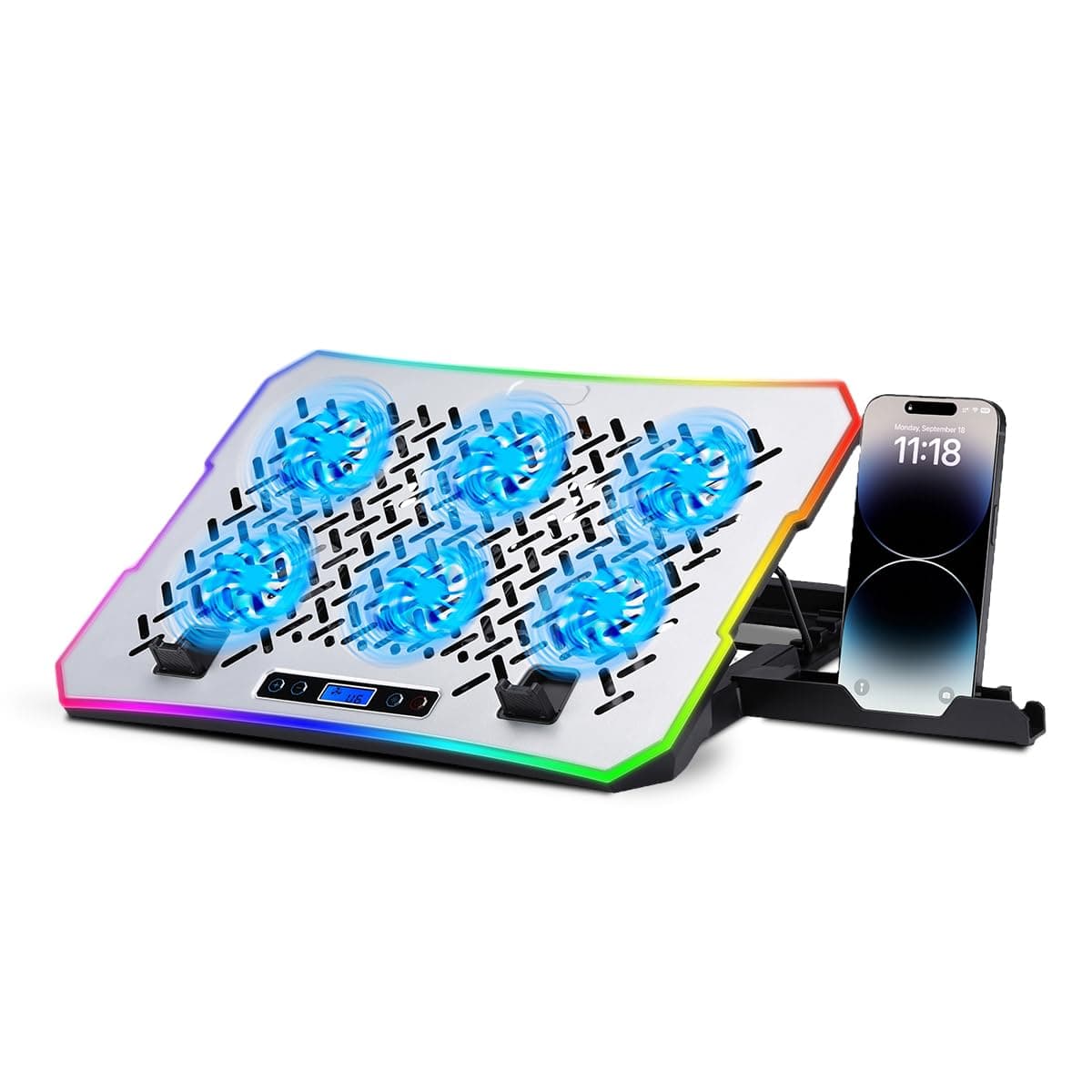 NK Base Refrigeradora Portátil - Ventilador Ordenador Portatil de 12-17" con Soporte, 4 Ventiladores Silenciosos, 2 Puertos USB, Refrigeración Rápida, Luz LED Azul - Color Negro — view 8
