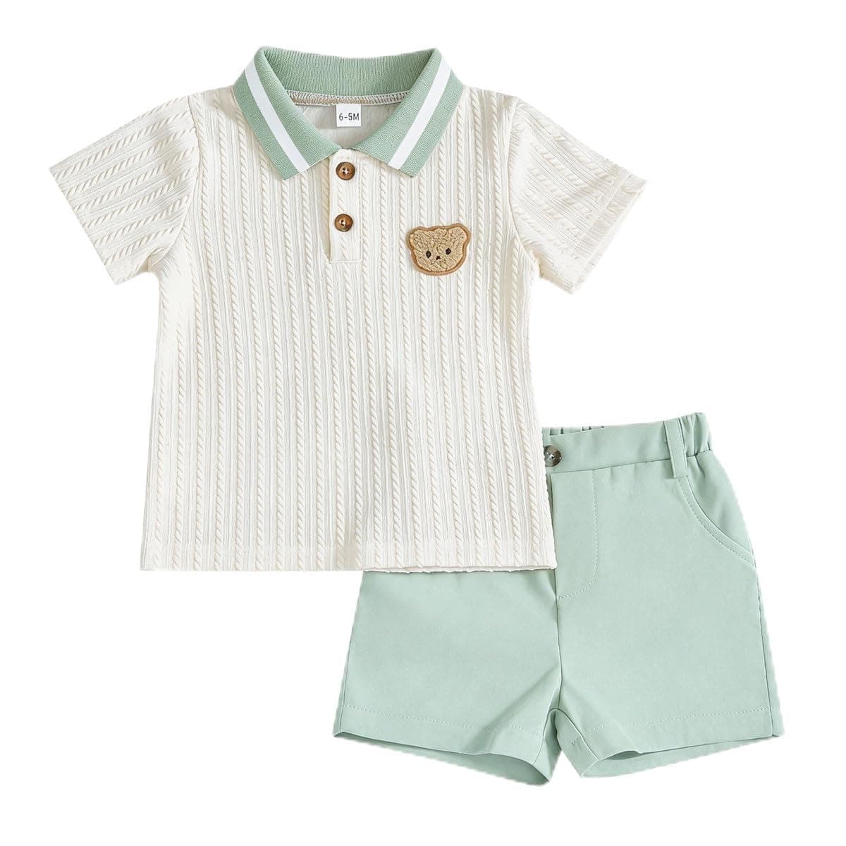 LUVCES Conjunto Verano Ropa para Bebé Niño Lindo Polo con Estampado de Oso + Cintura Elástica Pantalones Cortos y Bolsillos 2 Piezas Trajes de Primavera — view 10