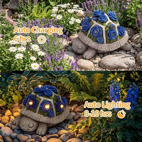 Solar Garden Outdoor Decor Turtle Statue with Dark Blue Roses & 7 LED Lights – Outside Tortoise Decor for Yard Patio Balcony & Backyard - Home House Decoration Art- Gift for Women Mom & Grandma — view 5
