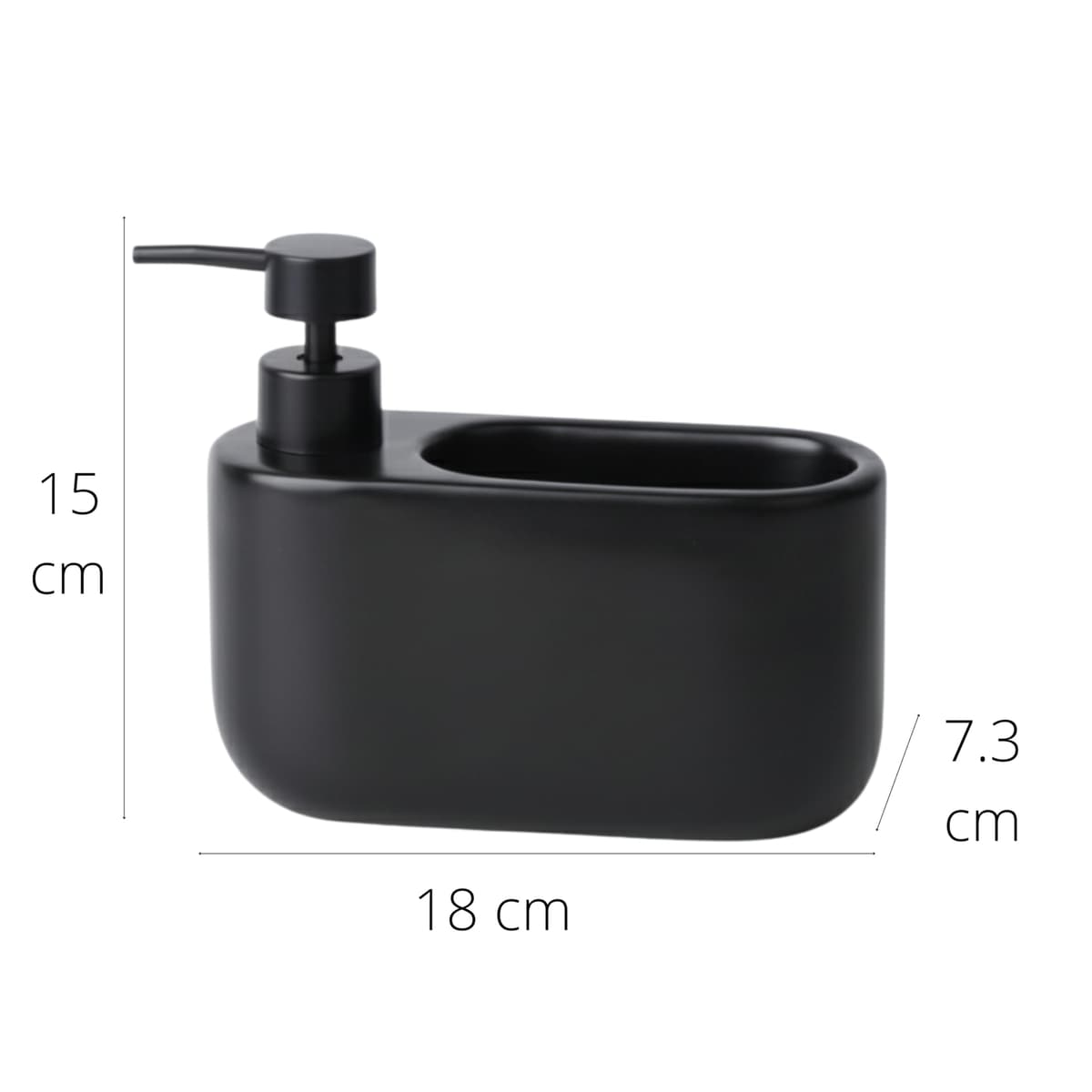Dispensador de Jabón Cocina con Estropajero 520 ml Curve - Dosificador de Cerámica y Soporte para Esponja. Organizador de Fregadero Estrecho. 18 x 7.3 x 15 cm. - Negro Mate — view 2