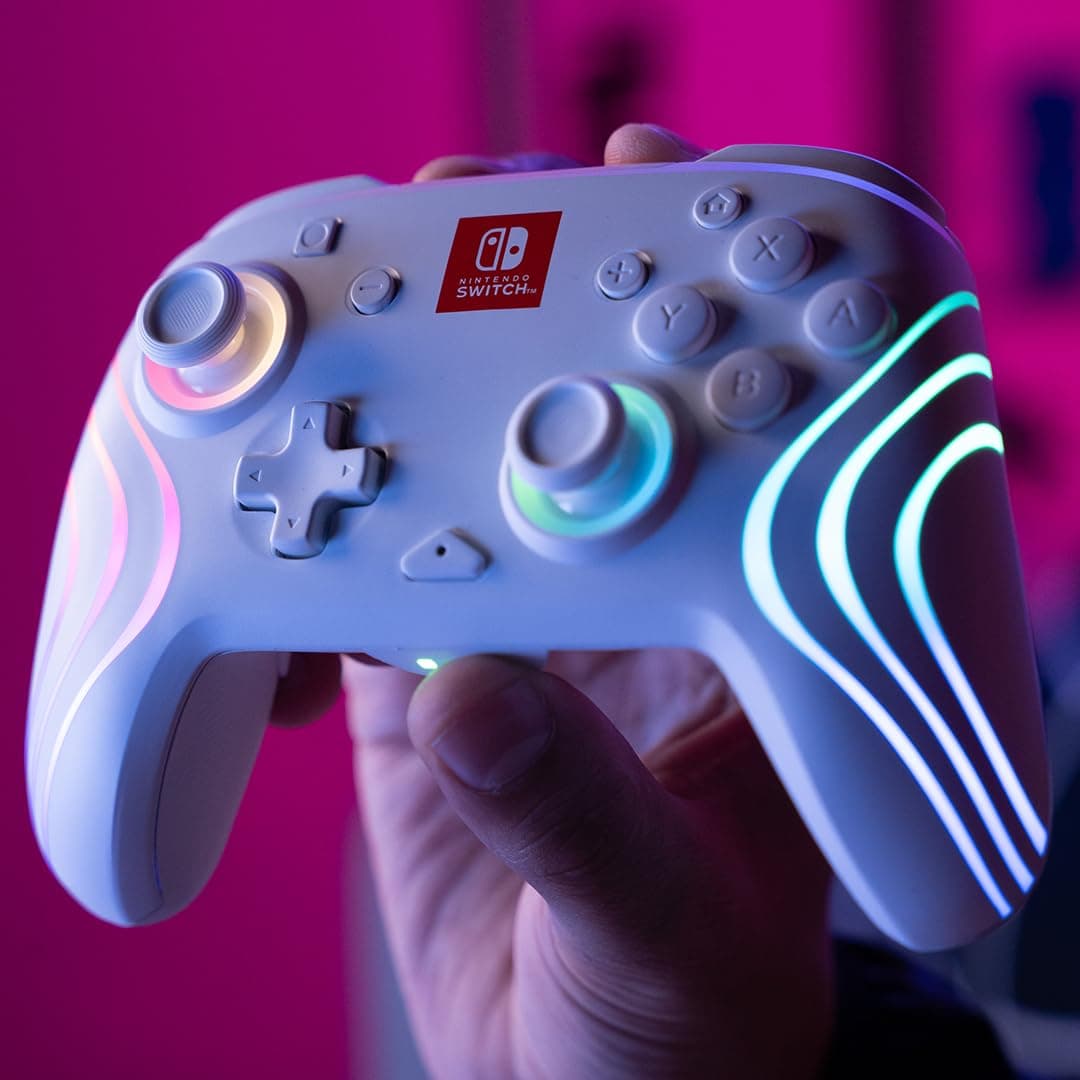 PDP Afterglow Wave Wireless Pro Controller with Full Motion for Nintendo Switch, Nintendo Switch - OLED Model, 8 RGB LED Lighting Zones, 30 Foot Range, 20 Hour Rechargeable Battery White — view 10
