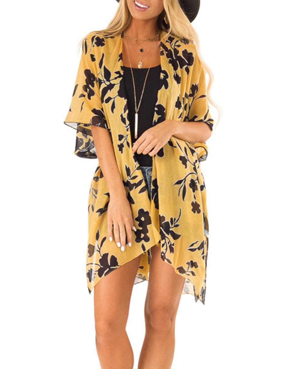 MayBuy Women's Summer Long Flowy Kimono Cardigans Boho Chiffon Floral Beach Cover Up Tops — view 16