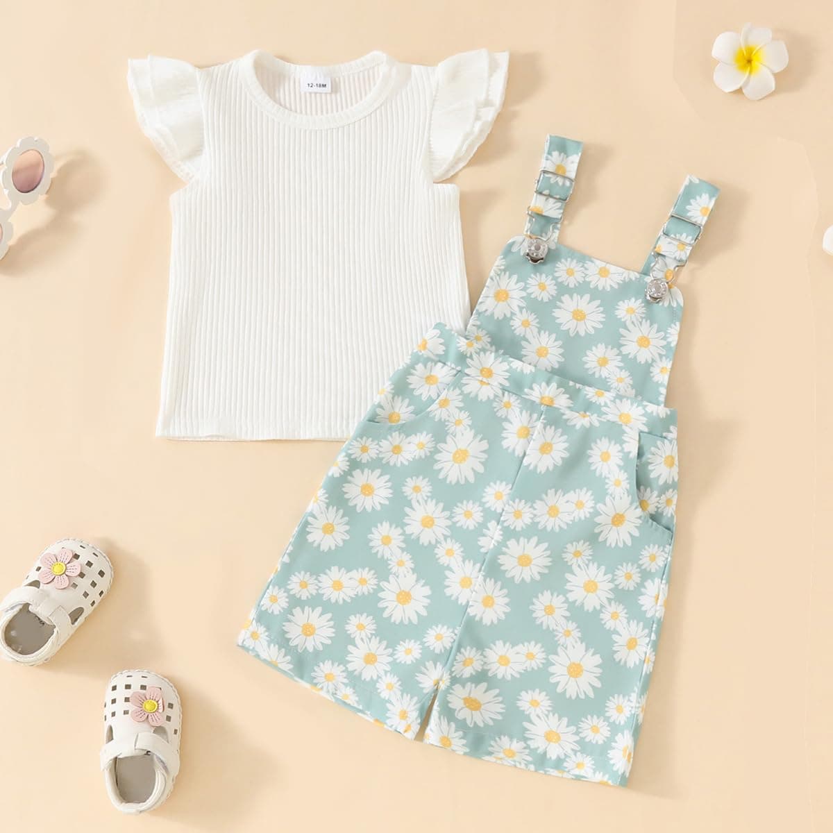 Conjunto Ropa de Verano para Bebé Niña Top de Canalé con Volantes+ Estampado de Margaritas Pantalones Cortos con Peto Bretelles Adorable Infantil Trajes — view 6